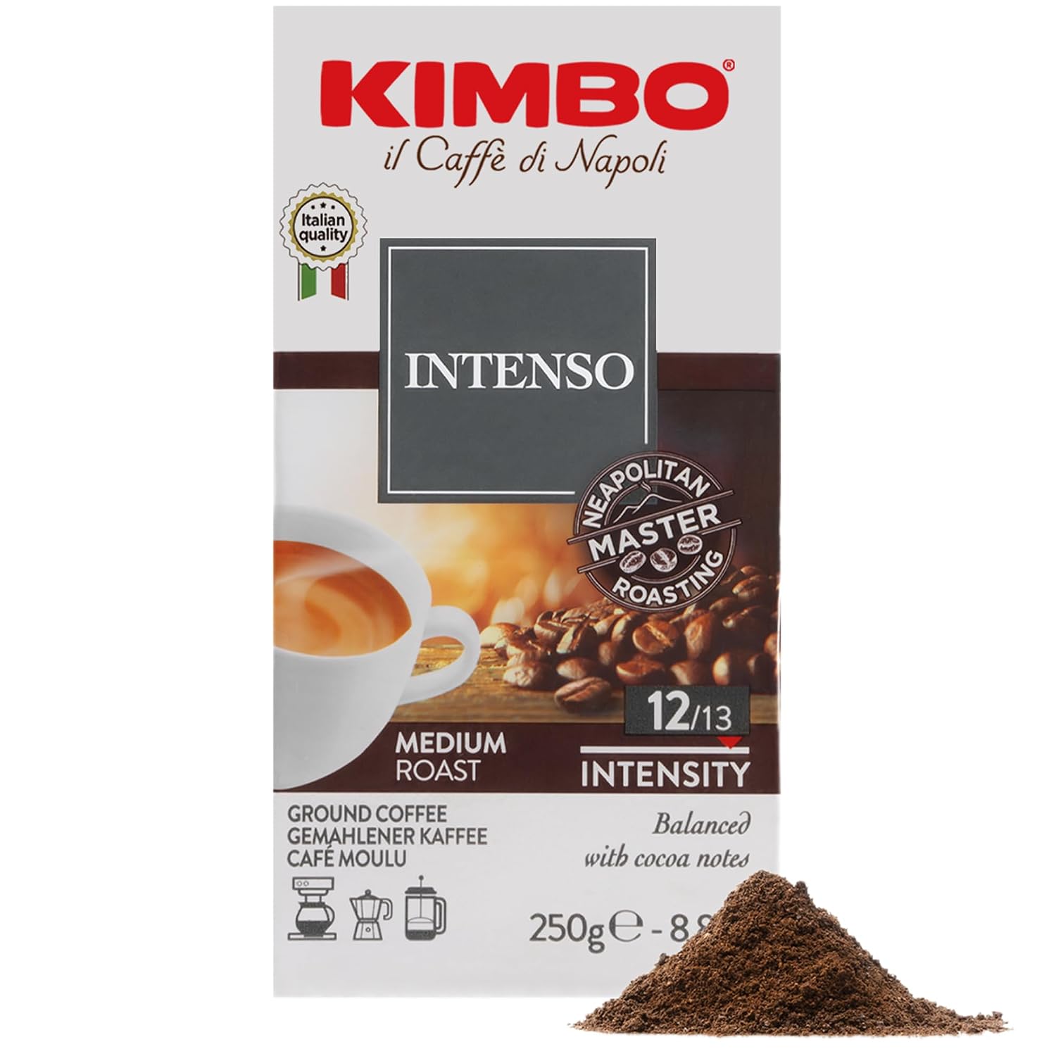 Kimbo Intenso Italian Ground Coffee, Medium Roast, 8.8oz Brick