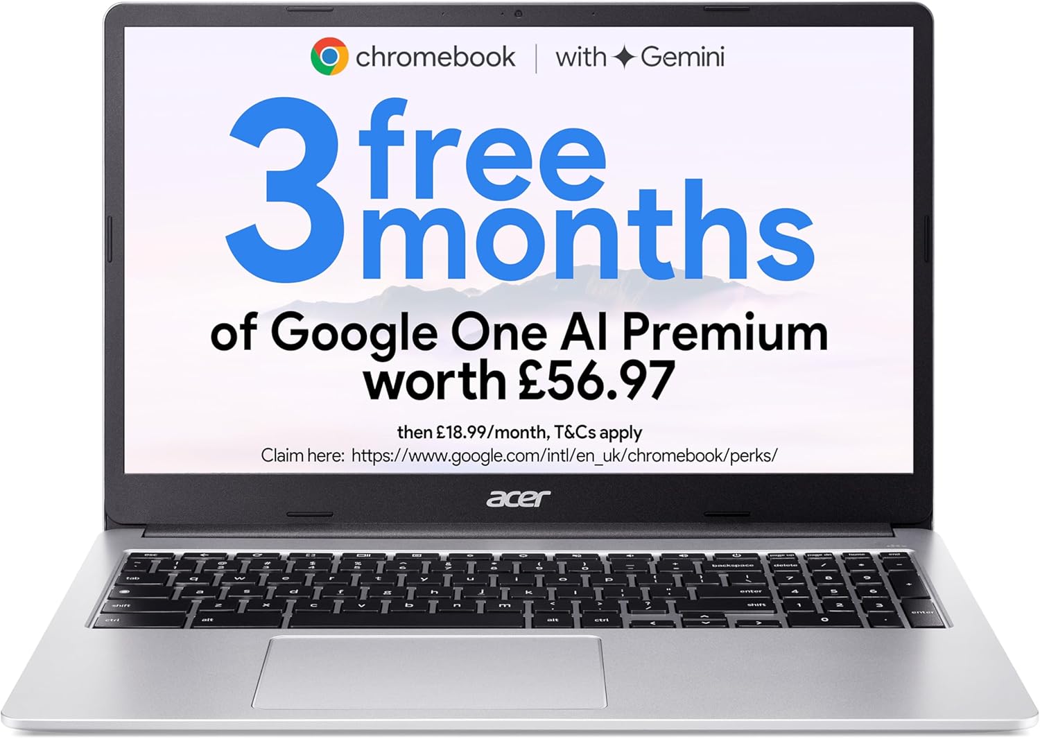 Acer Chromebook 315 CB315-4H Laptop - Intel Celeron N4500, 8GB, 128GB eMMC, Integrated Graphics, 15.6 Inch Full HD, Google Chrome OS, Silver