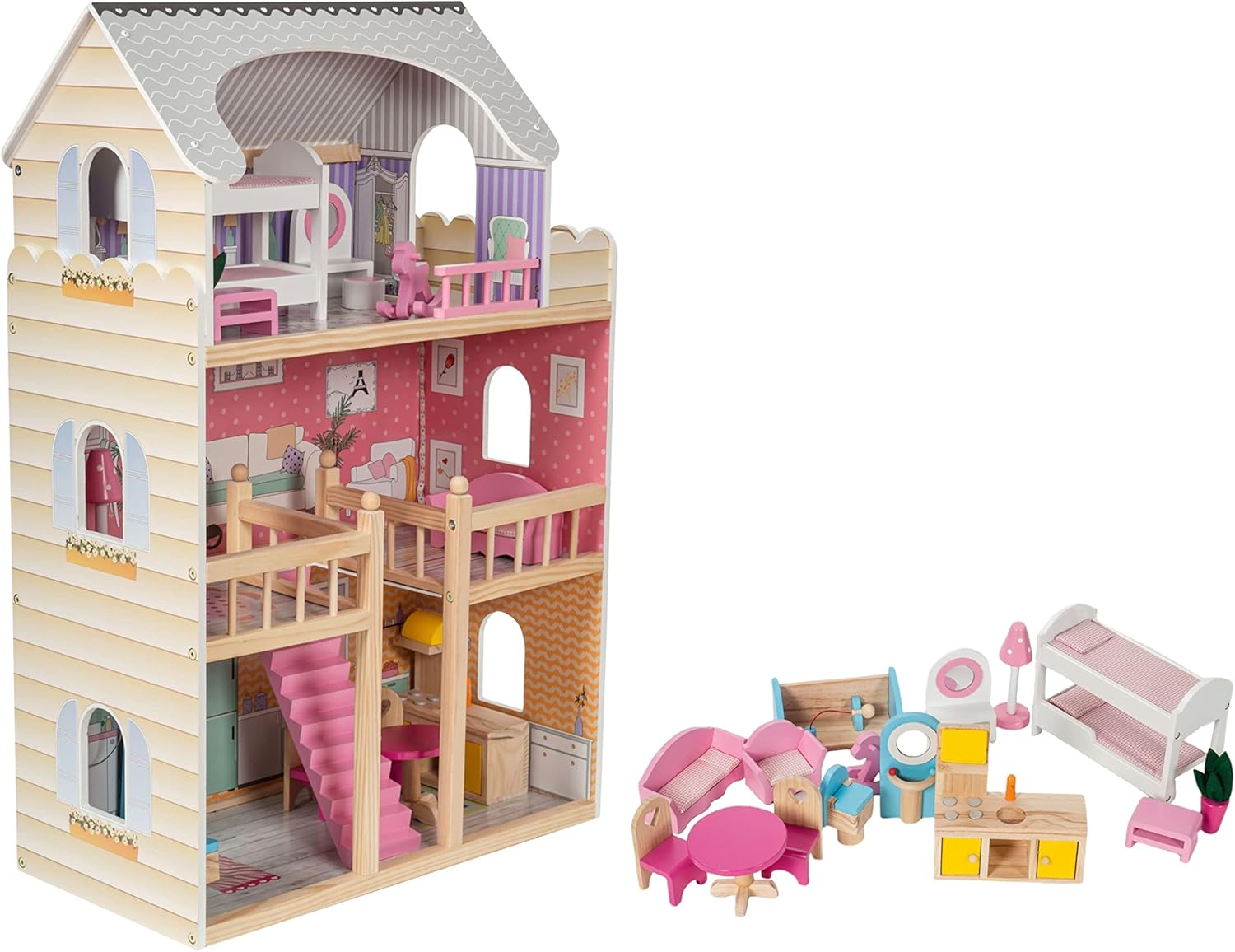 Mamabrum Dolls House with Furniture Set – Large 3-Story Wooden Playhouse with LED Lights – Fully Furnished Dollhouse for Girls – Pretend Play Set for Kids 3+