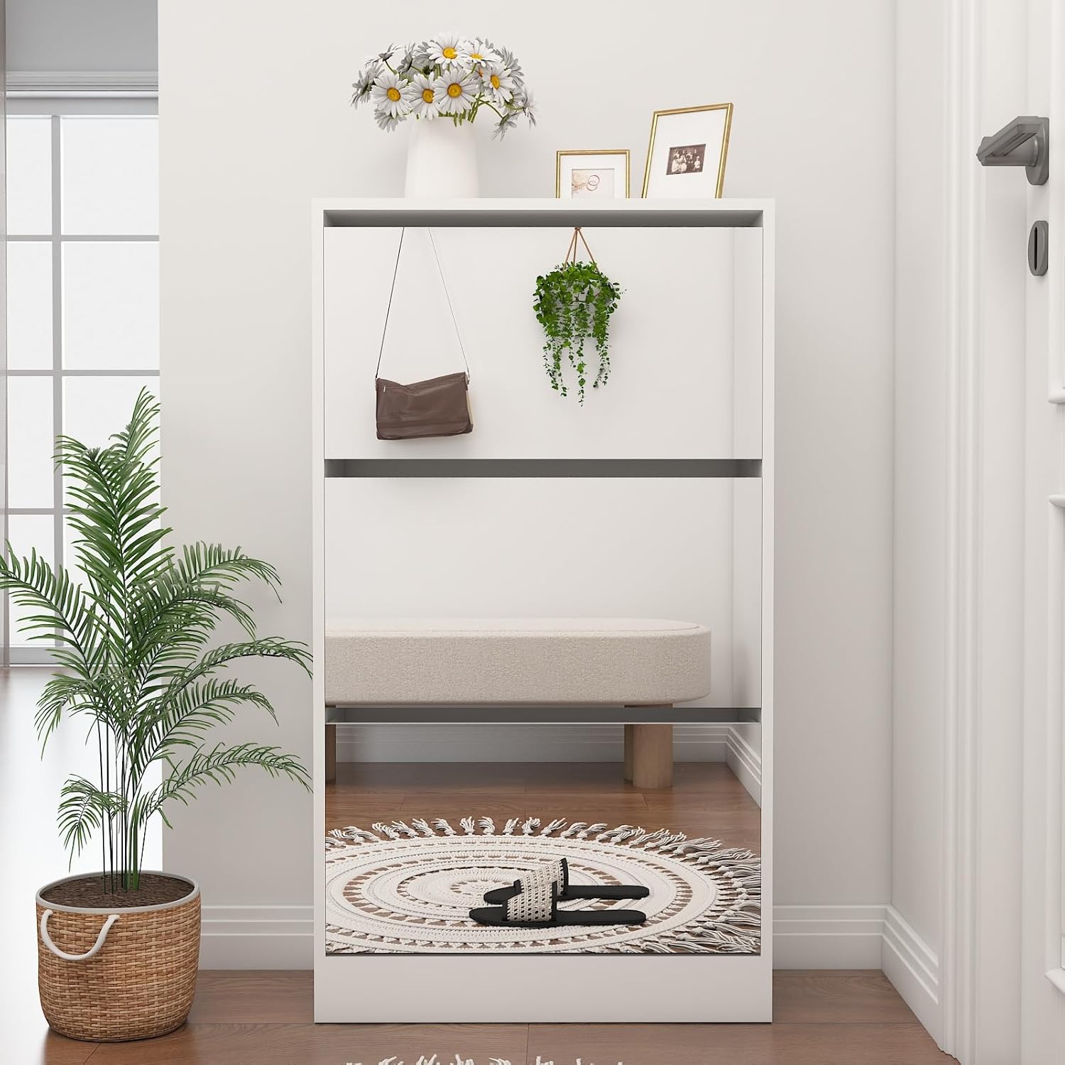 Shoe Cabinet with Mirror, 3 Flip Drawers Shoe Rack Organizer, Narrow Shoe Storage, Freestanding for Entryway, Hallway, Living Room and Bedroom, White