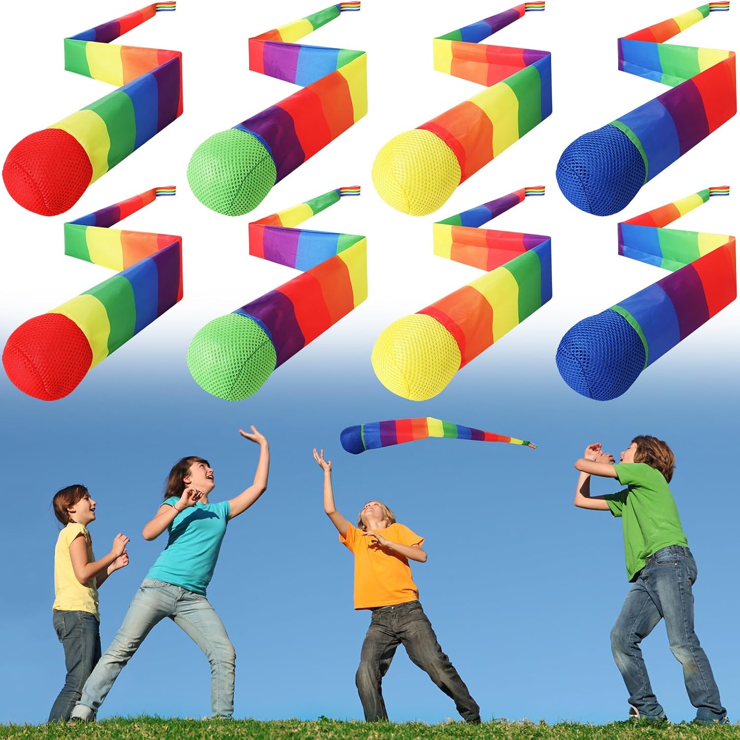 Leyndo 8 Pcs Throw and Catch Balls with Rainbow Tail, Fun Colorful Sports Comet Balls Playground Toys for School Classroom Beach Outdoor Camping Healthy and Fun Games, 26 Inch Long(Bright Color)