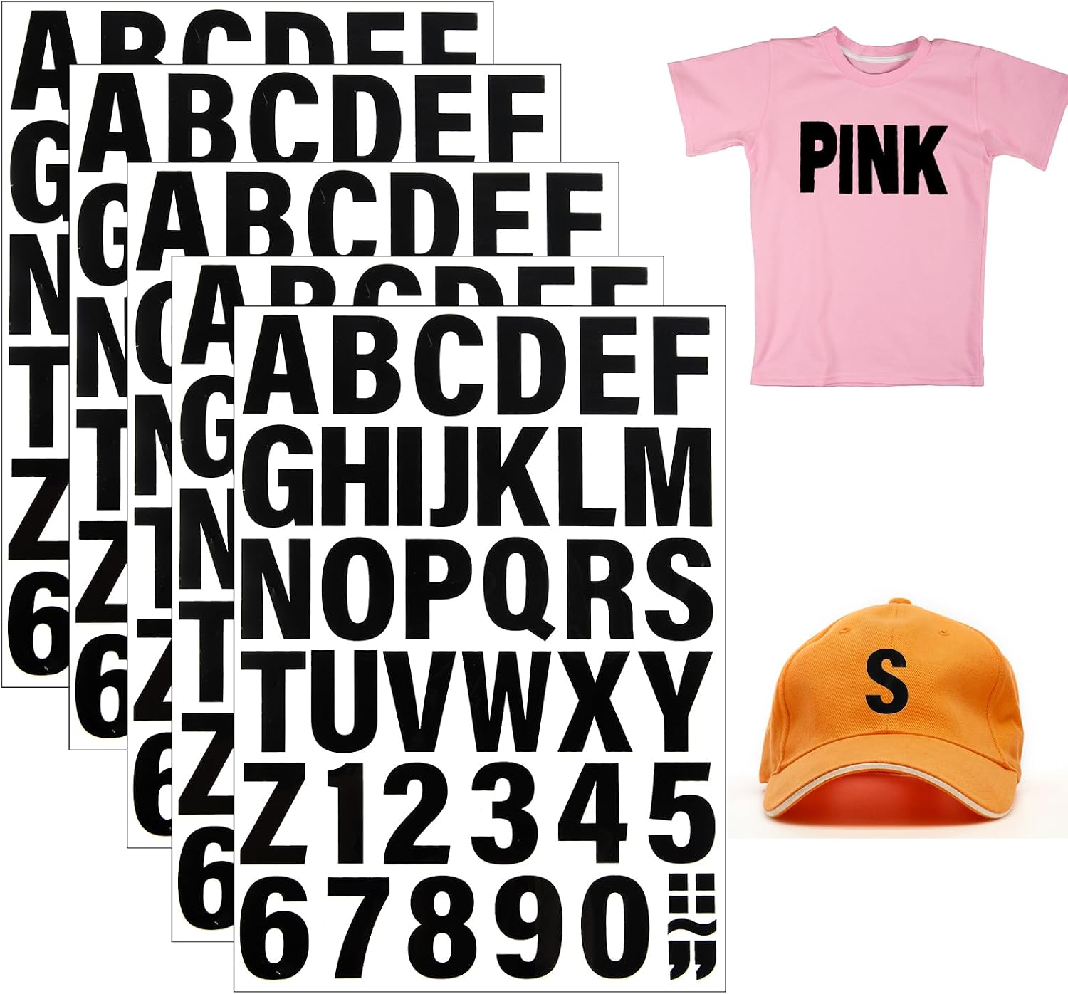 5 Sheets 215 Pieces Iron on Letters and Numbers for Clothing, 2 Inch Heat Transfer Vinyl A-Z Alphabets 0-9 Numbers, PU Stickers for Ironing (Black)