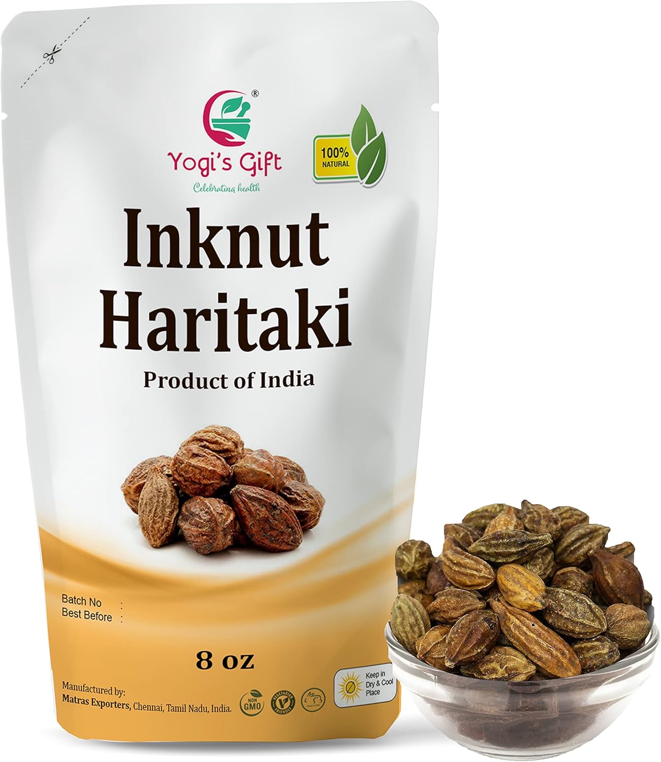 Haritaki/Inknut for Dark Circles | 8 Ounce (227 Grams) | 100% Naturally Dried Whole herb | Terminalia chebula | by Yogi's Giftยฎ