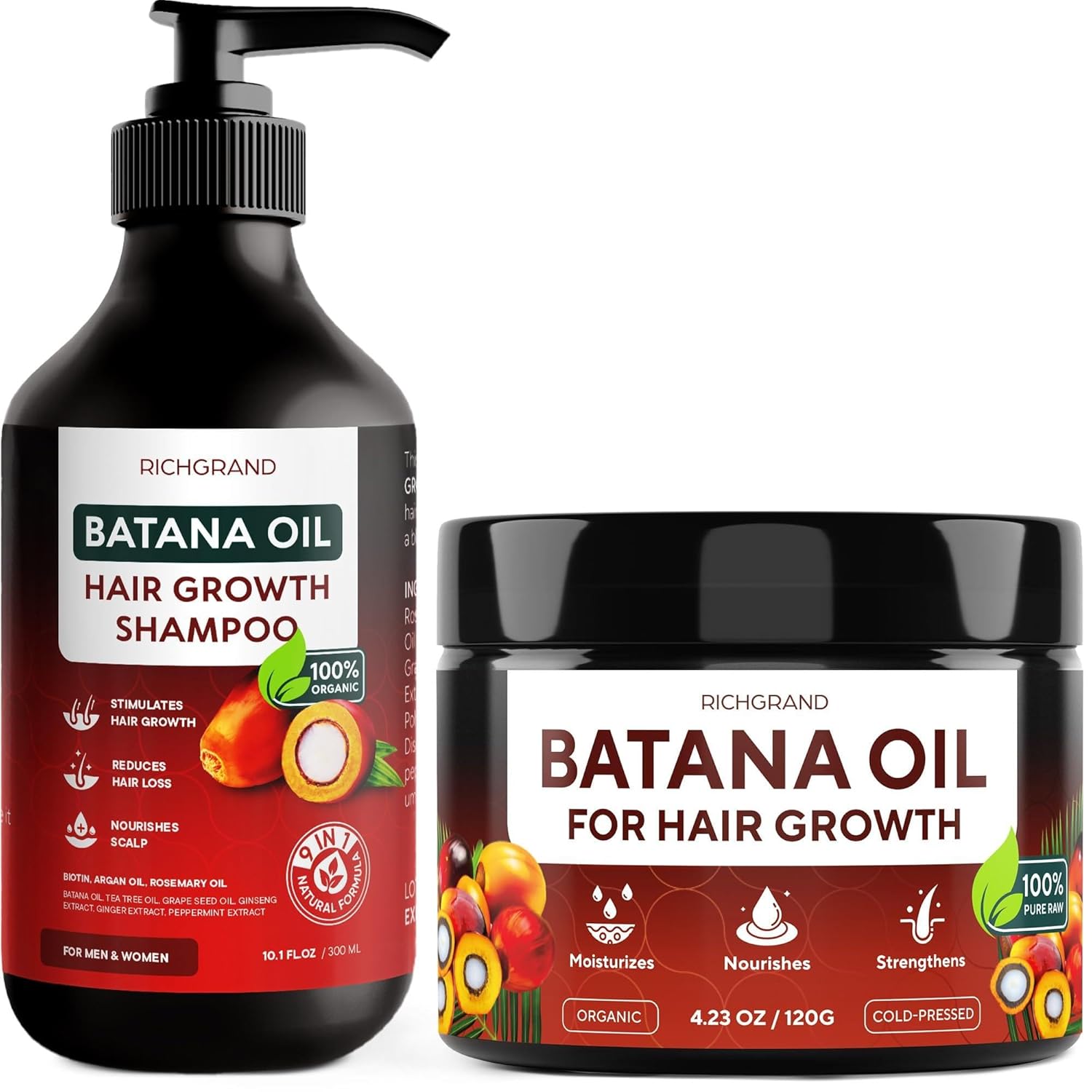 Batana Oil Hair Growth Bundle – Raw Batana Oil & Hair Growth Shampoo – Natural Hair Treatment for Women & Men – Regrowth & Thicker, Healthier Hair