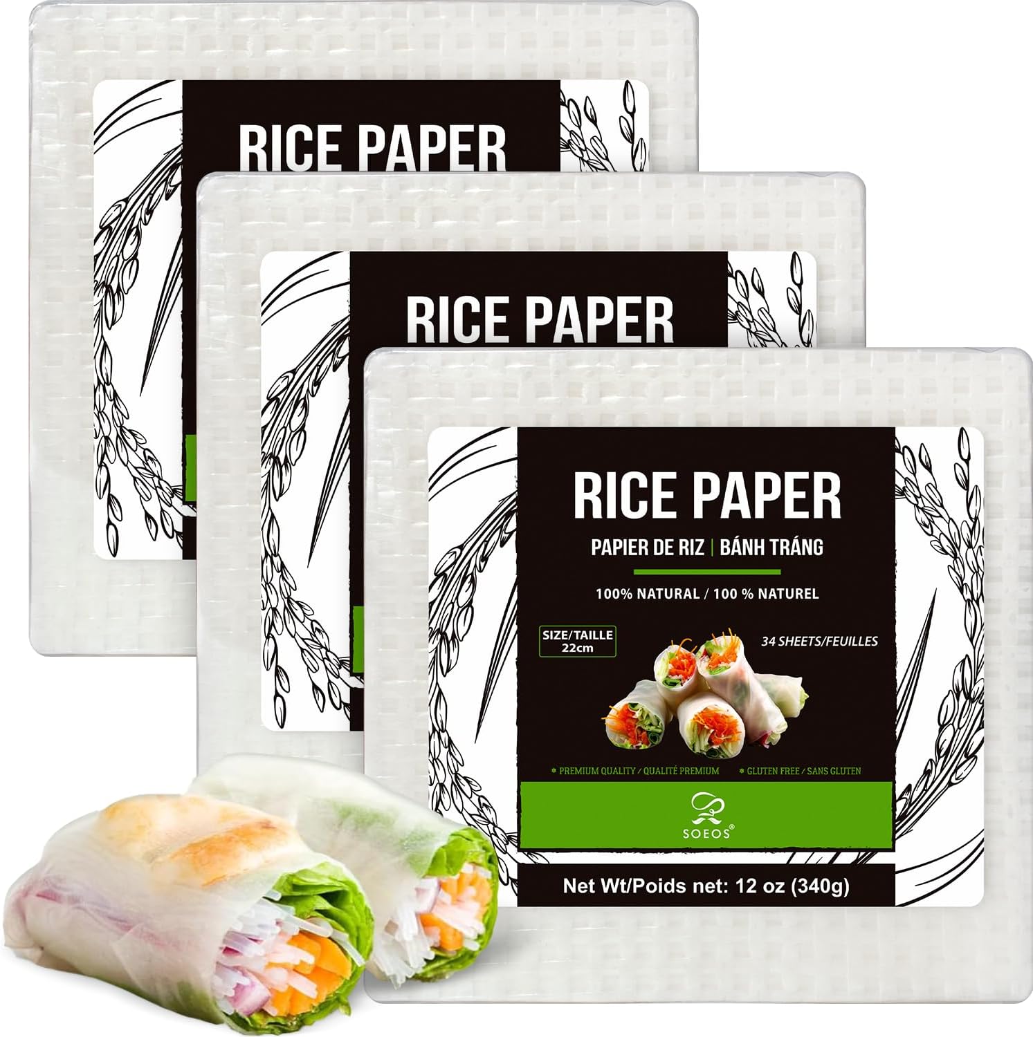 Soeos Rice Paper, 3 Pack, 102 Sheets, Square, 22cm
