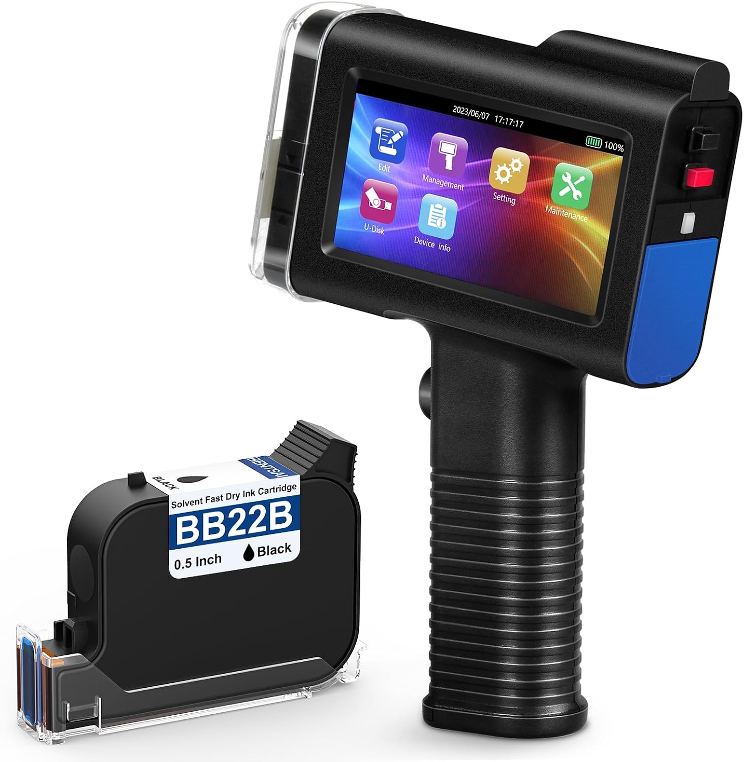 BENTSAI BT-HH6105B2 Handheld Inkjet Printer with 1/2 Inch Print Height Portable Handheld Printer for EXP Date, Batch Number, QR Code, Barcode, Logo on Carton Wood Fabric Plastic Metal (Black)