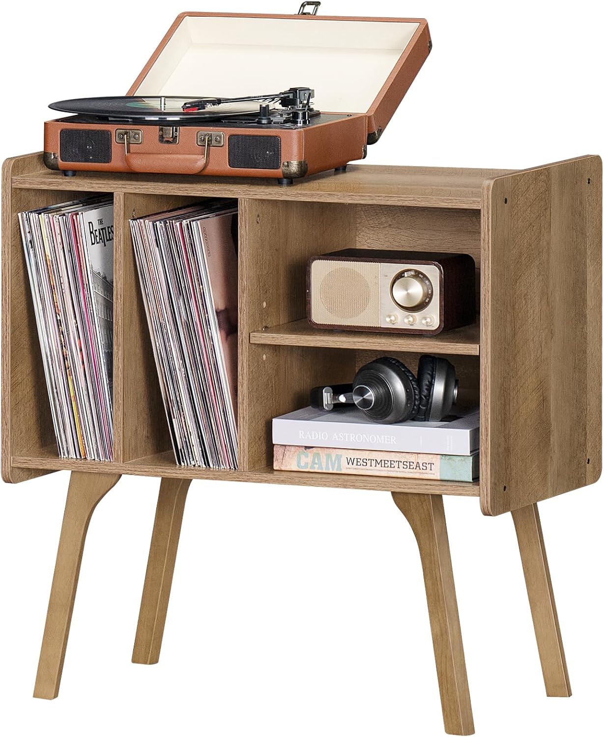 LELELINKY Record Player Stand,Vinyl Record Storage Table with 4 Cabinet Up to 120 Albums,Mid-Century Modern Turntable Stand with Wood Legs,Oak Grey Vinyl Holder Display Shelf for Bedroom Living Room