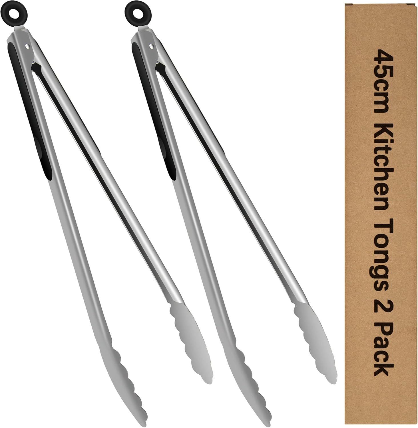 Barbecue Tongs, Stainless Steel, 45 cm Long Metal Kitchen Tongs, Heat Resistant Silicone Handle, Click Lockable Barbecue Tongs for Cooking, Grilling, Buffet, Barbecue, Set of 2