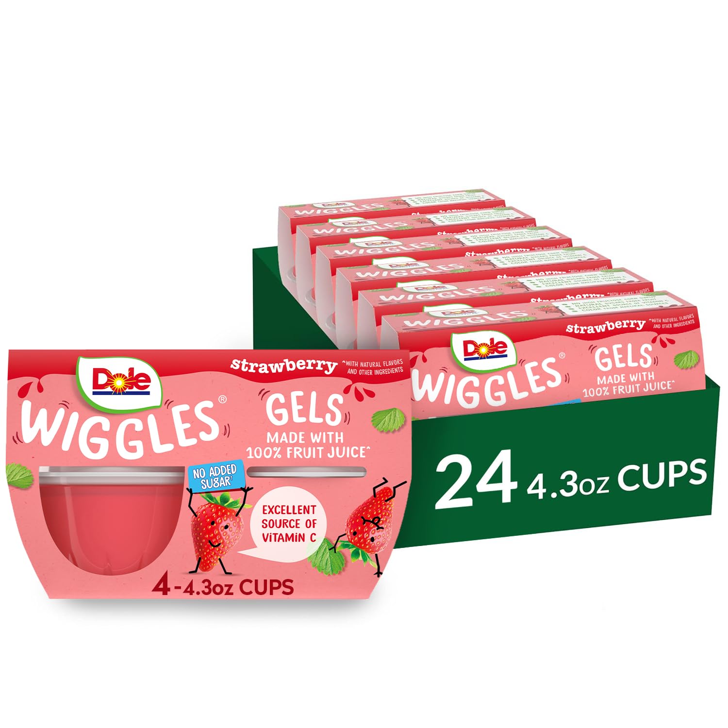 Dole Wiggles No Sugar Added Strawberry Fruit Juice Gels Snacks, 4.3oz 24 Total Cups, Gluten & Dairy Free, Bulk Lunch Snacks for Kids & Adults
