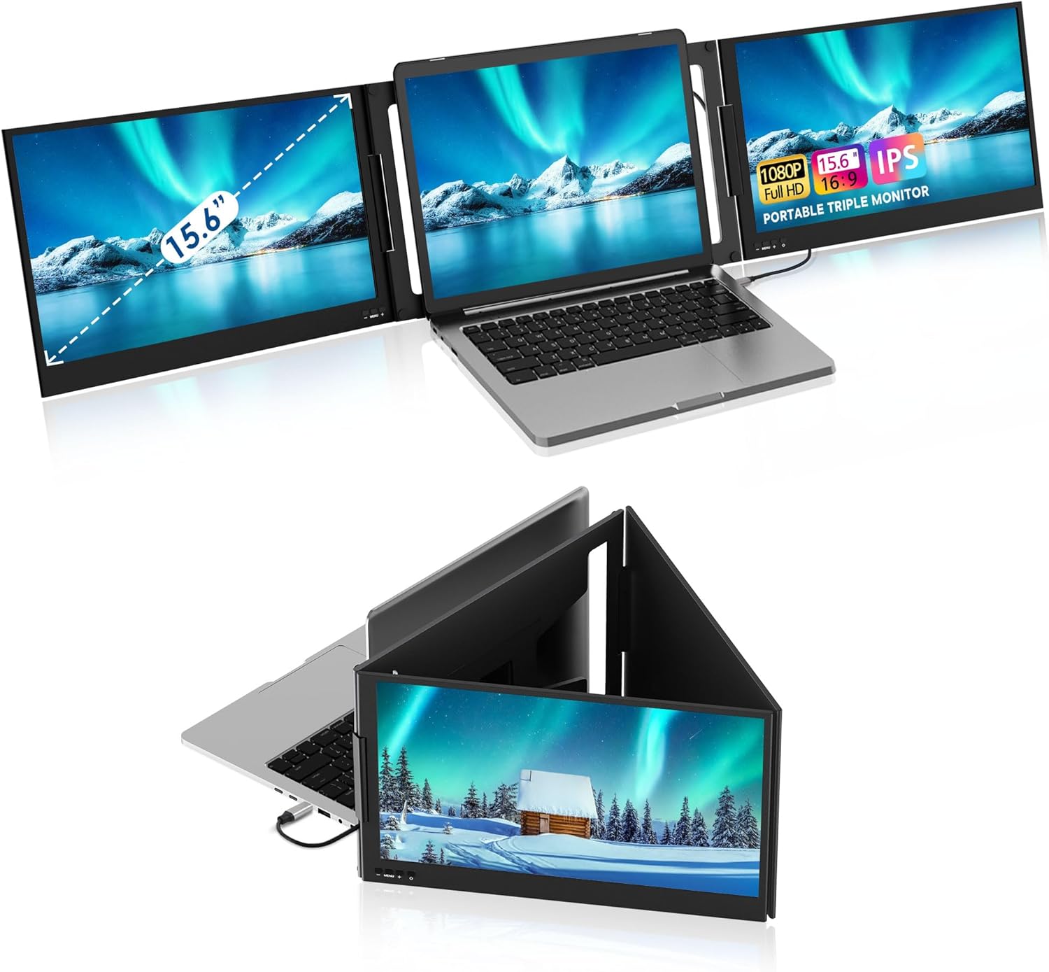 KPKUE 15.6" Laptop Screen Extender, FHD Monitor Extender, One Cable for Three Screen, Type-C/USB-A IPS Dual Screen Triple Monitor for 12''-16'' Laptop (Support Wins, Mac, ChromeOS System)