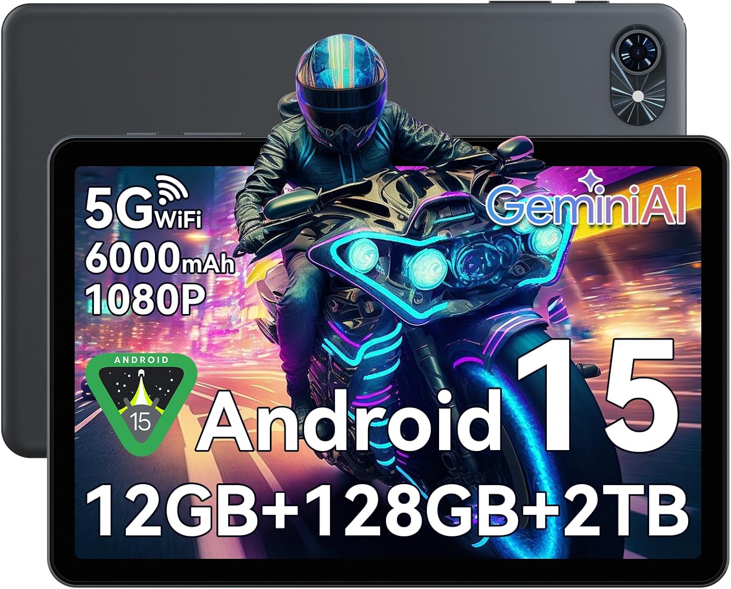 Tablet 10 Inch,Android 15 Tablet,GEMINI AI 2.0 Android tablets|12GB RAM+128GB ROM(TF 2TB)|5G WiFi|120Hz|6000mAh Fast Charging|1080P HD|Bluetooth 5.0|Smart Lens|GPS|2-Year Warranty-Grey