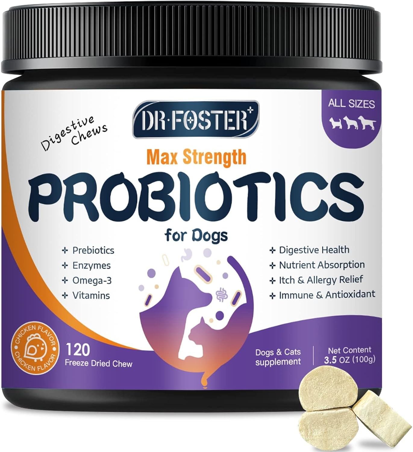 DRFOSTER Probiotics & Digestive Enzymes for Dogs, Freeze-Dried, 120 Bites