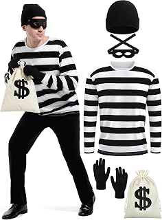 5 Pieces Halloween Costume Set, Men's Robber Costume Halloween Cosplay Burglar Accessories Striped Shirt for Adult