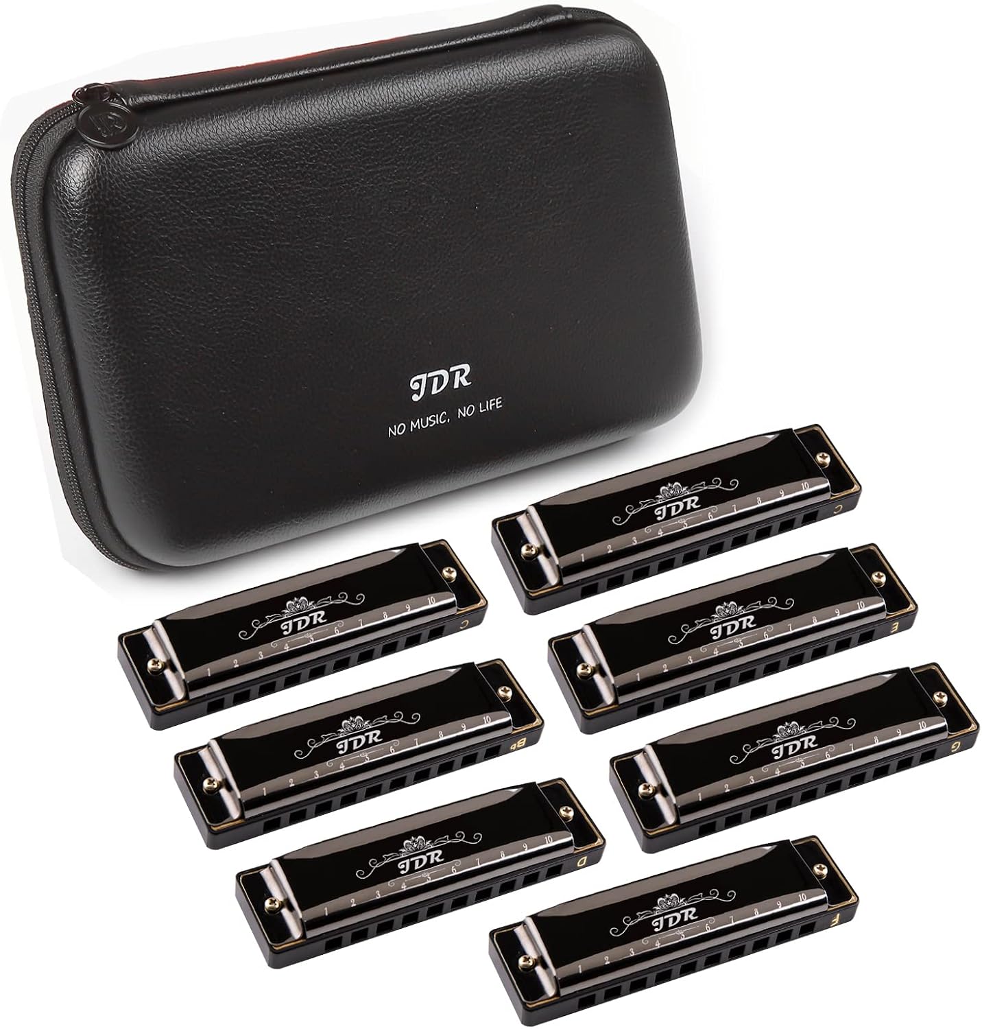 JDR Harmonica Set of 7 Key of C D E F G A Bb 10 Holes 20 Tones Blues Harp Diatonic Mouth Organ armonica with EVA Protective Case for Adults Kids Beginner Professional Intermediate Student Gift Black