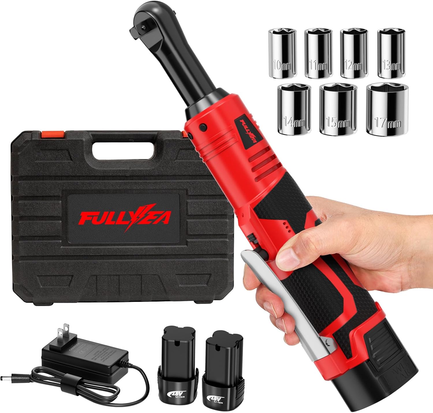 FULLYEA Electric Ratchet Wrench Set, 550 RPM Cordless Ratchet Wrench, 3/8" 18V Power Ratchet Tools with Variable Speed, LED Light, 7 Sockets, 2 Packs 2.0Ah Battery and Fast Charger