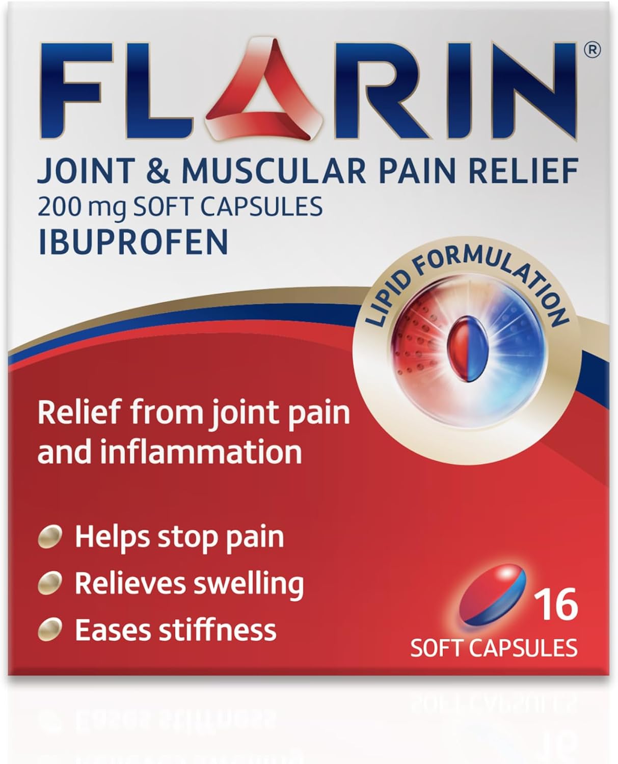 Flarin Joint and Muscular Pain Relief, 200 mg Soft Capsules, Muscle, Rheumatic, Joint and Back Pain Relief, Lipid Ibuprofen, Unique Lipid Formulation, Painkillers, 16 Soft Capsules