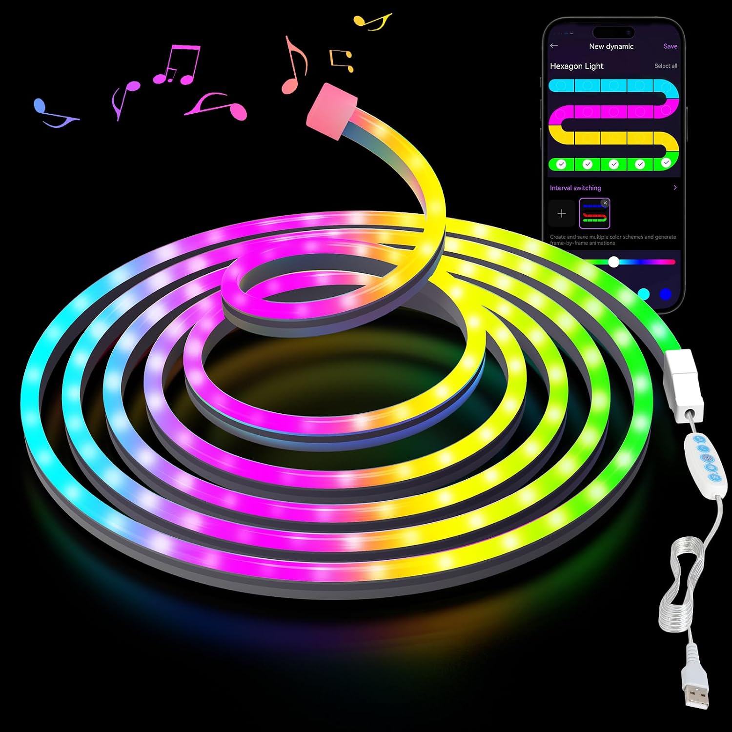 Kimimara LED Neon Rope Lights – 9.8FT RGB Flexible Strip with APP Control, Music Sync, USB Powered 5V, DIY Design for Bedroom, Living Room, Gaming, Kitchen, Room Decor