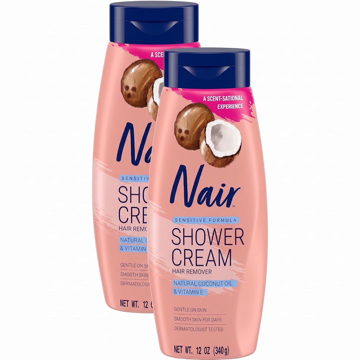 Nair Sensitive Shower Cream Hair Remover with Natural Coconut Oil and Vitamin E, Body Hair Removal Cream, 12 oz (Pack of 2)