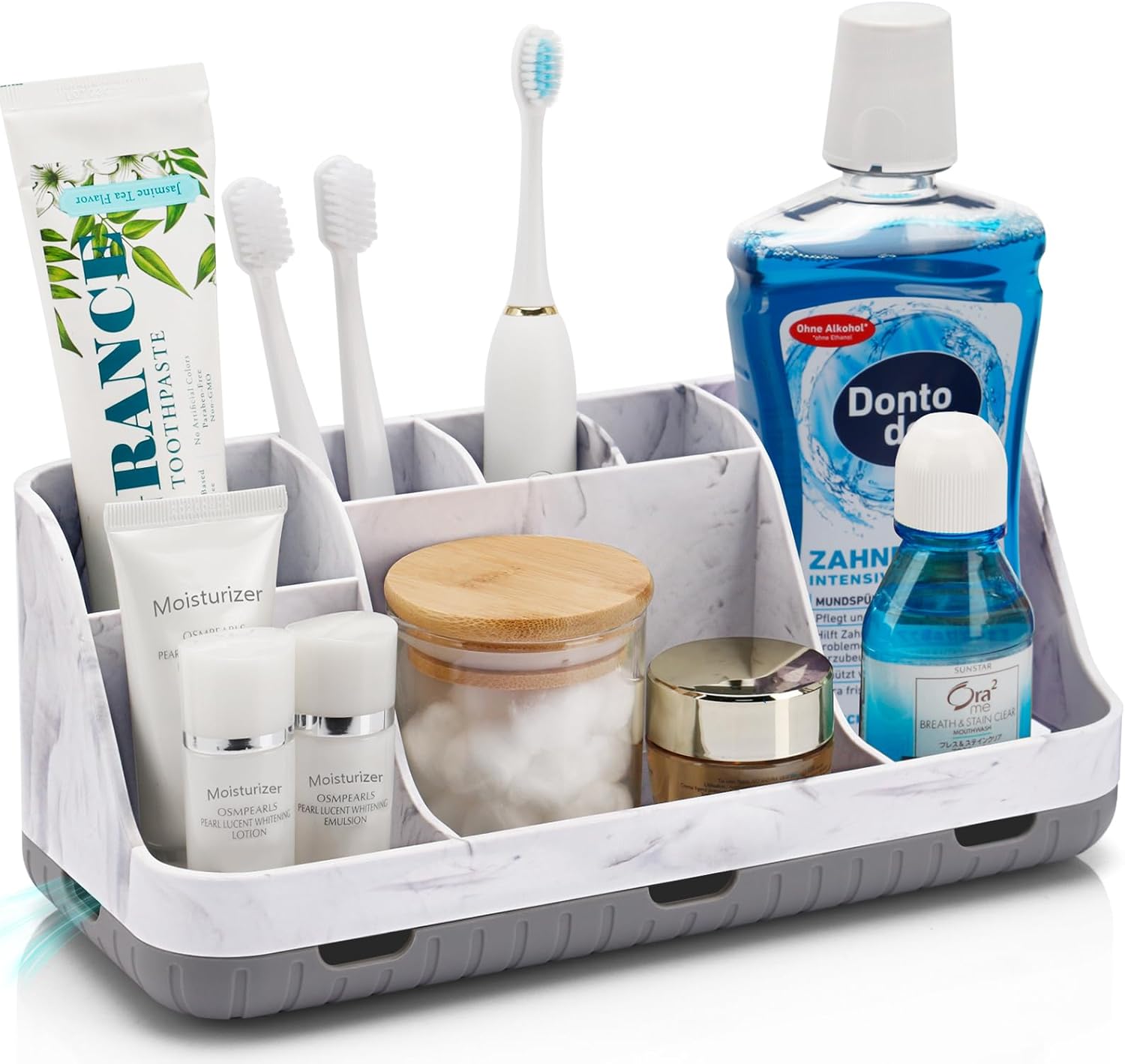 Marble Bathroom Countertop Organizer - Detachable 7 Slots Kids Electric Toothbrush and Toothpaste Holde Drainage for Bathroom Accessories Organization Counter Vanity Storage, Grey