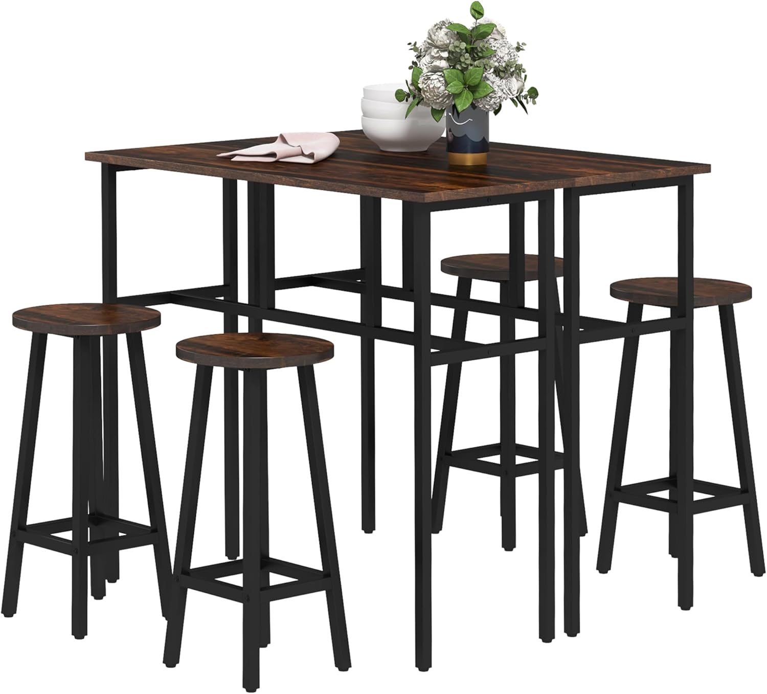 HOMCOM 6-Piece Bar Table Set, Counter Height Kitchen Dining Set with 2 High Tables & 4 Stools, Space Saving Compact Bar Furniture for Small Kitchens and Flats, Multiple Arrangements, Rustic Brown