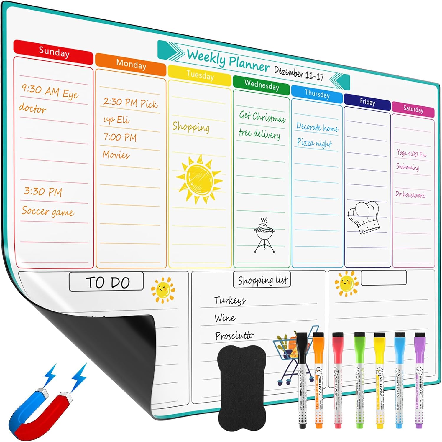 MaxGear Weekly Dry Erase Board for Fridge, Magnetic Calendar Whiteboard Planner for Refrigerator with Stain Resistant Technology, Include 7 Fine Point Markers and 1 Eraser, 16"x12"