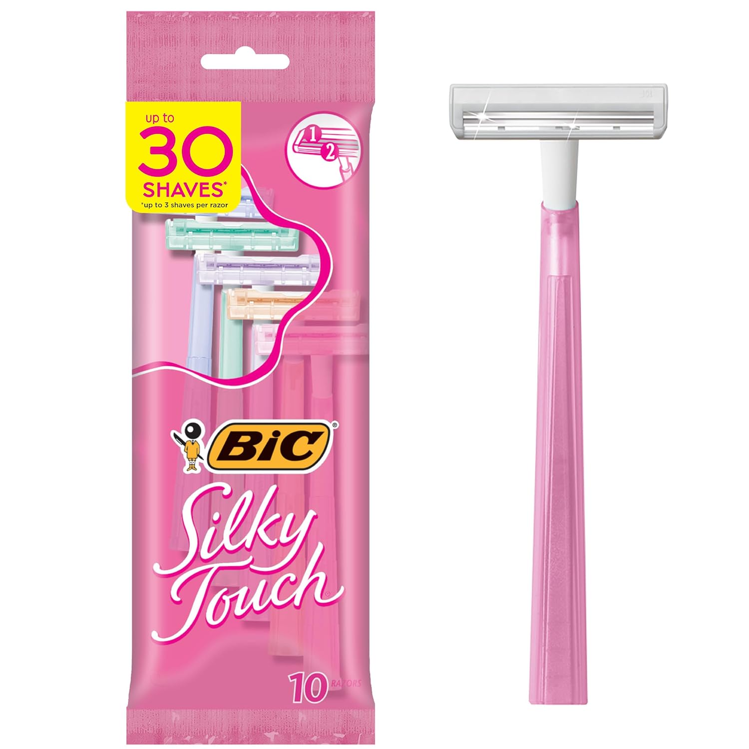 BIC Silky Touch Women's Disposable Razors, With 2 Blades, Pretty Pastel Razor Handles, 10 Count (Pack of 1)