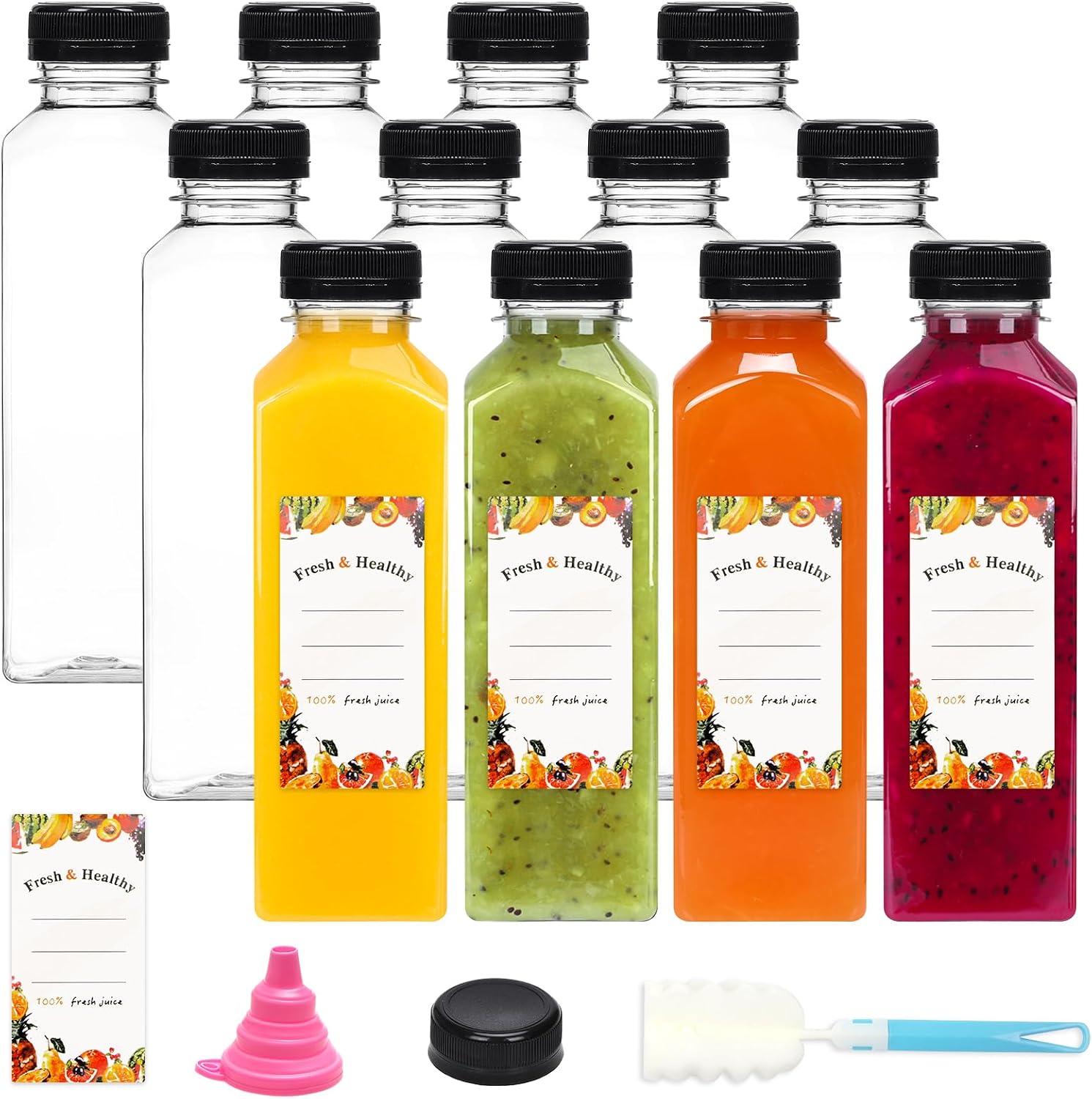 Moretoes 128pcs 16oz Plastic Juice Bottles with Caps, Bulk Clear Reusable Juicing Bottles for Smoothies and Other Beverages