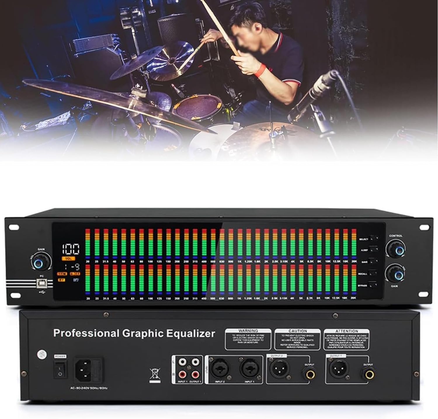 Professional 2-Channel Graphic Equalizer, 31-Band Stereo Graphic EQ with LED Light Display 10 Preset Effects & Automatic Noise Reduction Low/Mid/Treble Independent Adjustment for Recording Studio