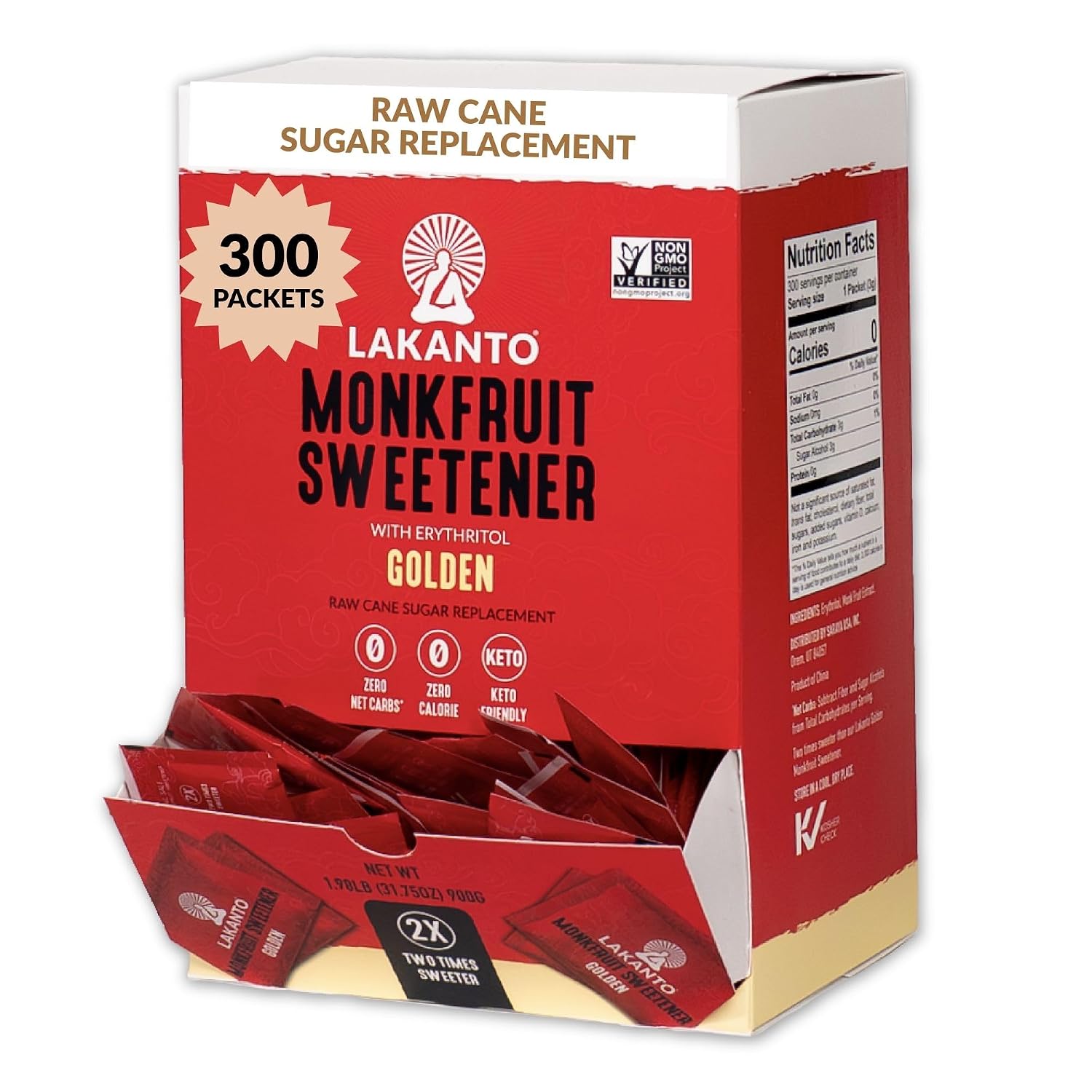 Lakanto Golden Monk Fruit Sweetener with Erythritol Packets - 2X Sweetness Raw Cane Sugar Replacement, Perfect for Coffee, Tea, Lemonade, Sweeten On the Go, Travel - 30 g Packet (300 Count)