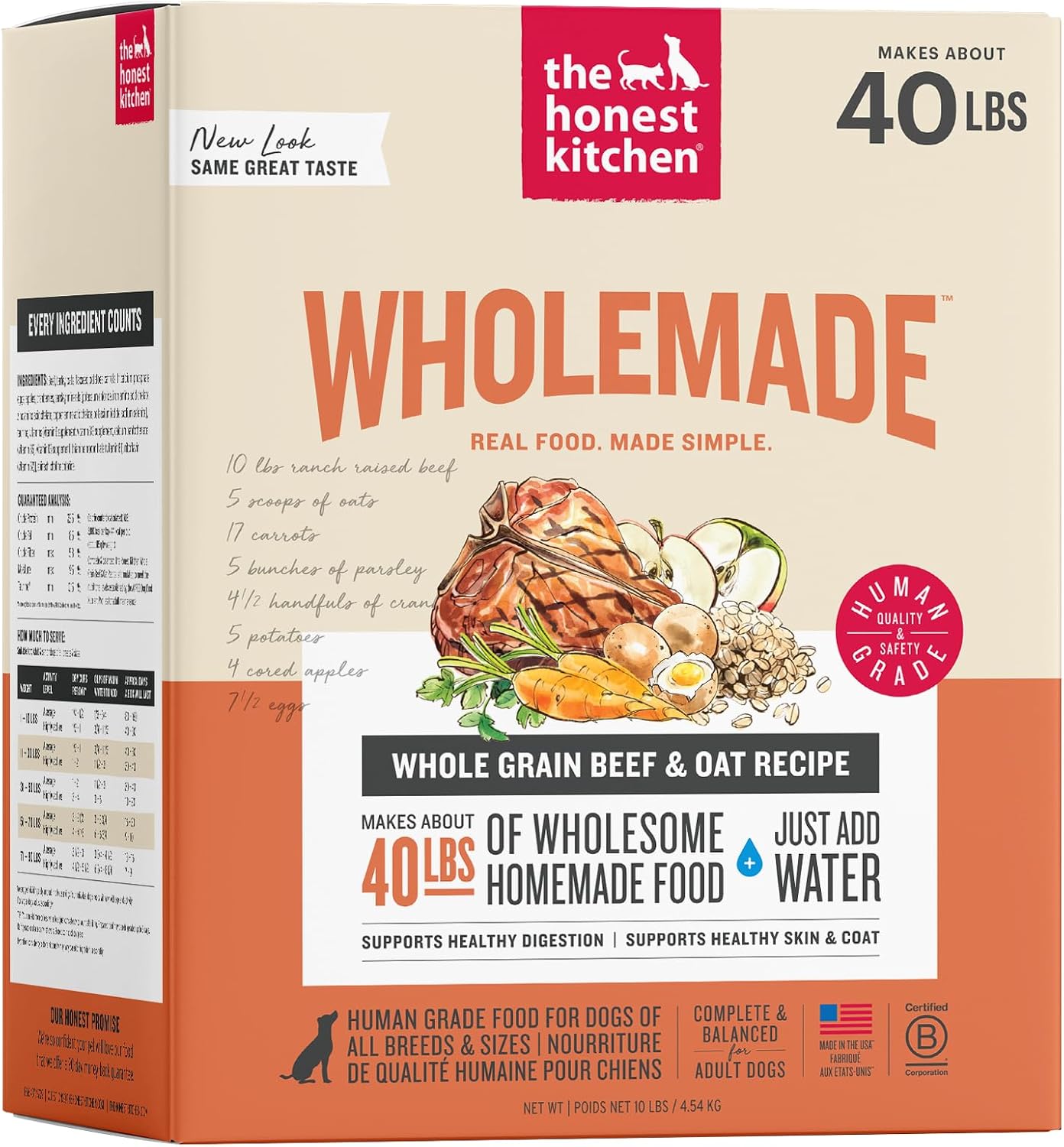 The Honest Kitchen Wholemade Whole Grain Beef Recipe, Human Grade Dehydrated Dog Food, Just Add Water, Supports Digestion, Skin & Coat, Topper for Dry or Wet Dog Food, 10 lb Box Makes 40 lbs