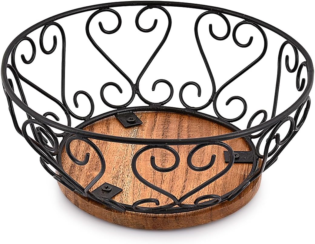 EDHAS Iron Fruit Bowl with Wooden Base for Kitchen Countertop & Dining Room and Pantries (22.86cm x 22.86cm x 10.16cm)