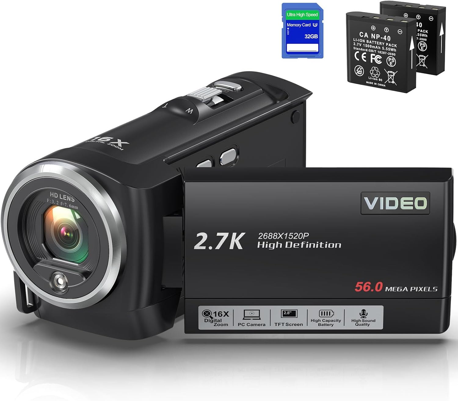 Delmodes Camcorder 2.7K 56MP Video Camera 16X Digital Zoom Vlogging Camera with LED Fill Light, 2.8 Inch LCD Screen Camcorder for YouTube with 32GB SD Card, 2 Batteries