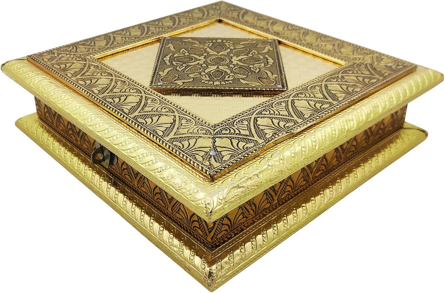 Purpledip Wooden Dry Fruits Box With Oxidized Metal Sheet 'Wild Flower': For 500 Grams Nuts Chocolates Diwali Festival Gift (12206)