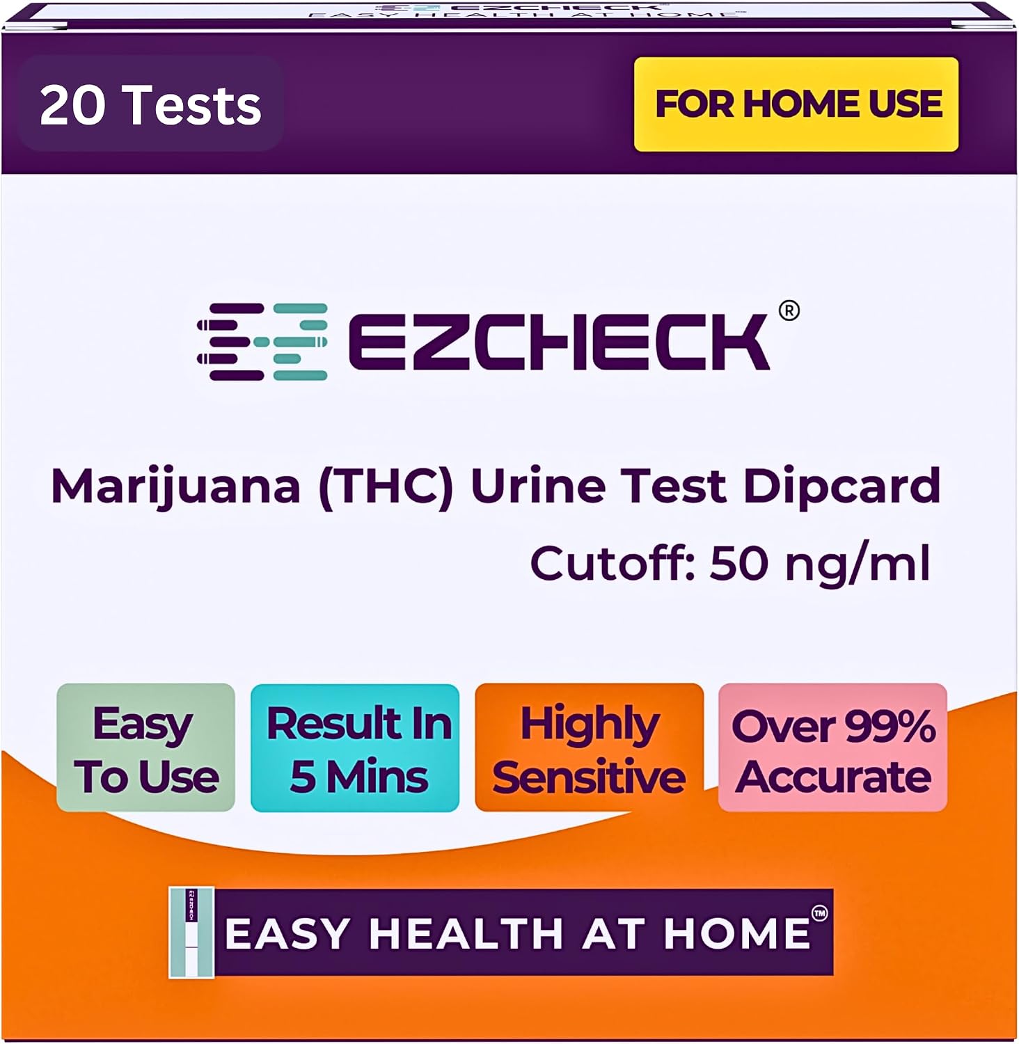 [20 Tests] EZCHECK® Highly Sensitive at Home Marijuana Drug Test, THC Dip Card, THC Urine Drug Test, Easy Home Drug Test, 50 ng/Ml - Fast Result in 5 mins - FSA/HSA Eligible