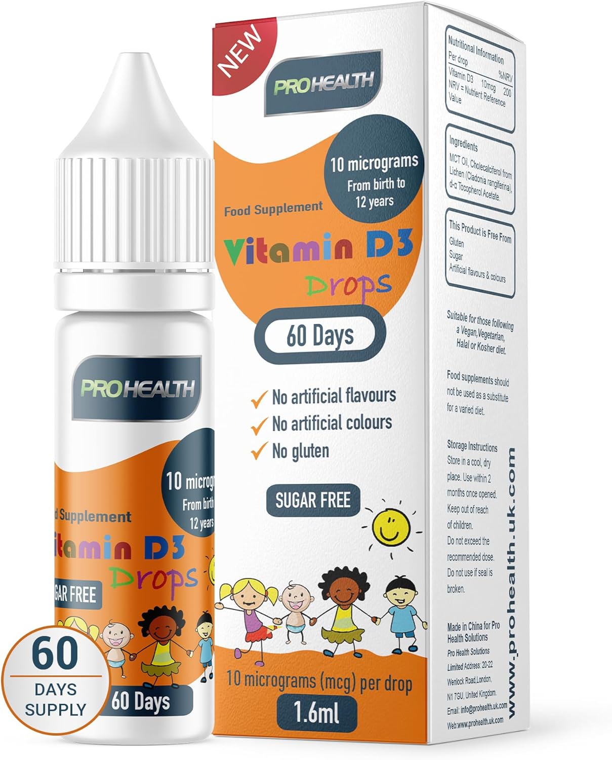 ProHealth 10 UG 60 Drops - Vegan Vitamin D3 Supplement for Babies and Young Children (Single Pack)