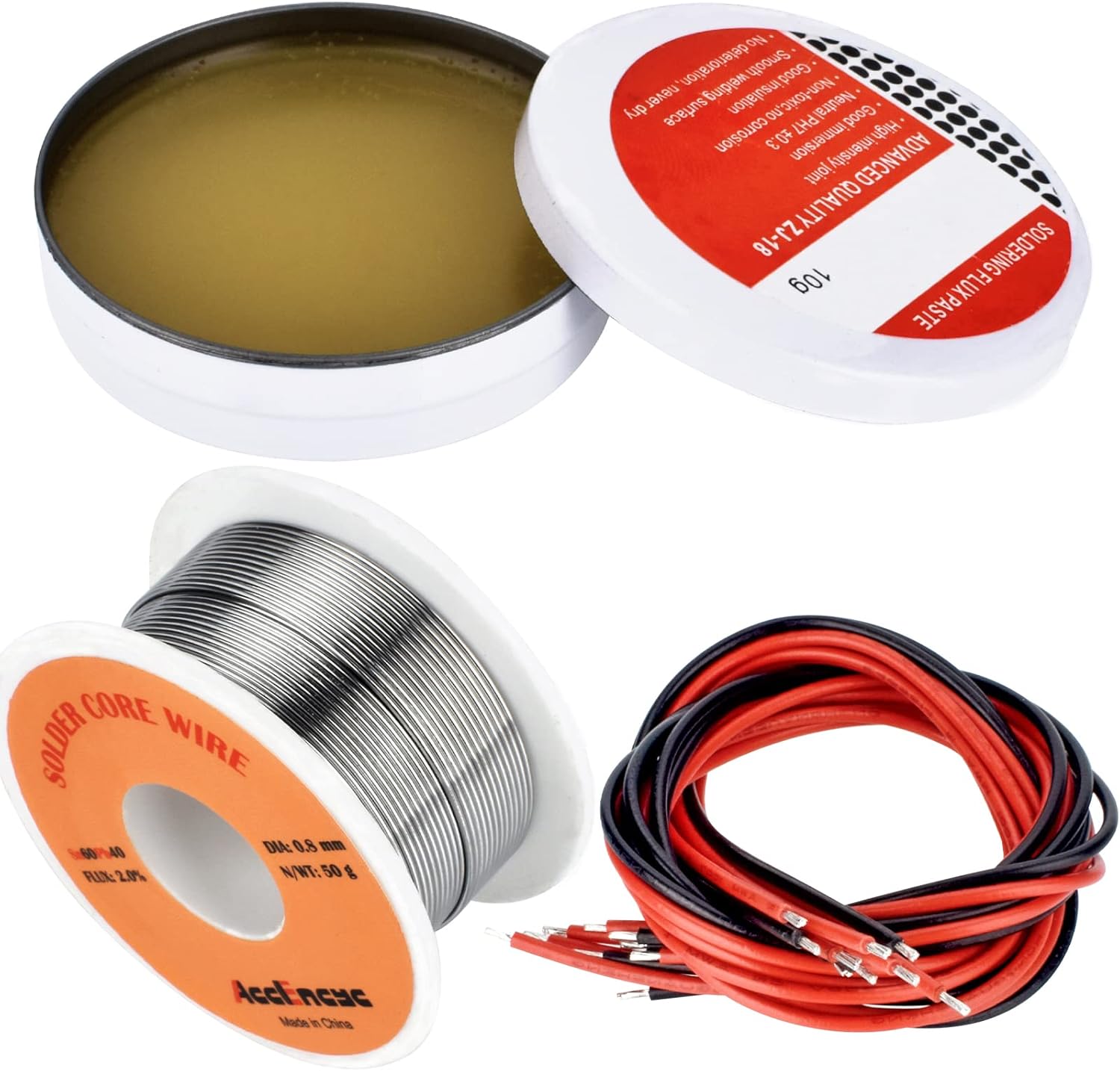 AccEncyc Solder Core Wire and Rosin Paste Flux Kit Tin Lead Rosin Core Solder Wire & Rosin Paste Flux for Electrical Soldering 60-40 (0.8mm, 50g)