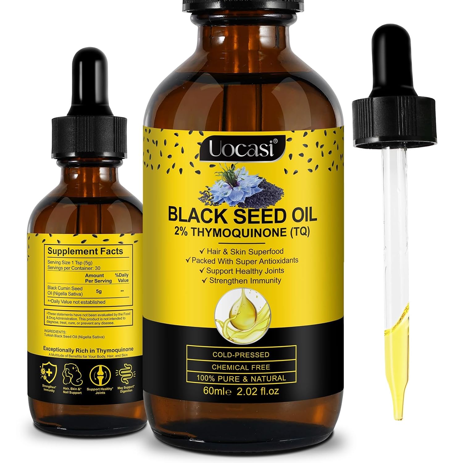 Uocasi Black Seed Oil, Cold Pressed, 100% Pure & Natural , Hair Growth & Skin Care, 2.02 Fl Oz