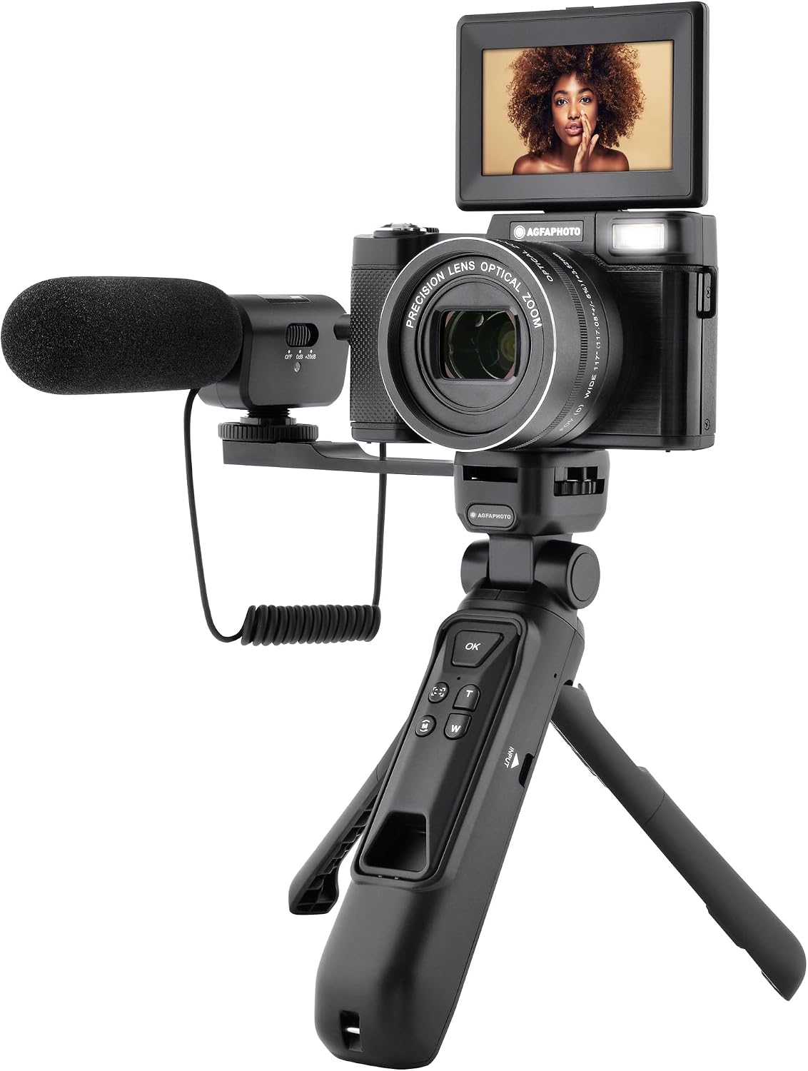 AGFA PHOTO - All-in-One Vlogging Kit: VLG-4K Optical Camera, Powerbank Tripod, Remote Control, Microphone and 32 GB Micro-SD Card Included - Capture Your Moments in 4K with Style! - Black