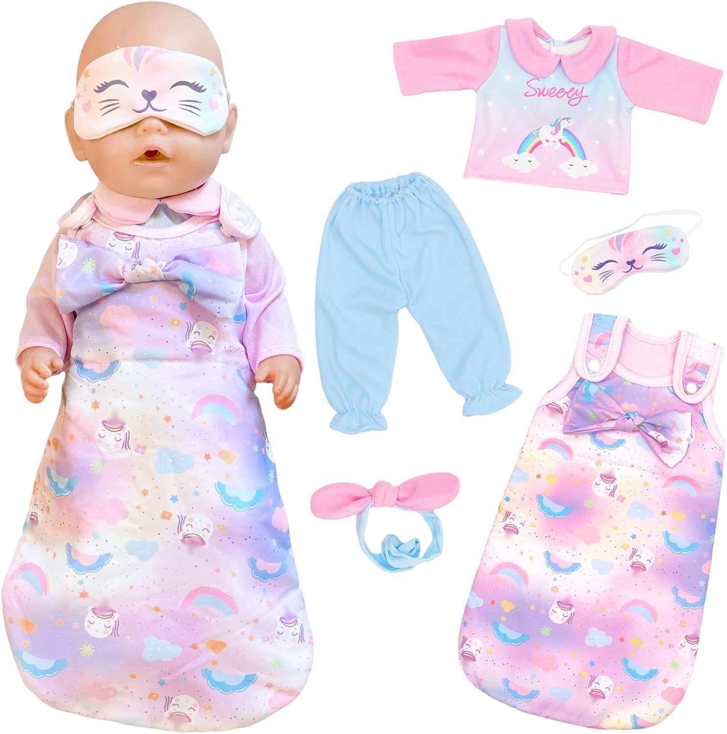 Baby Doll Clothes for 16-18 Inch Baby Dolls, 40-45 cm Cute Doll Clothes Outfits Dress mit Sleeping Bag + Eye Patch + Pajamas + Pants + Headband, Pink Doll Clothing, as a Gift for Girls