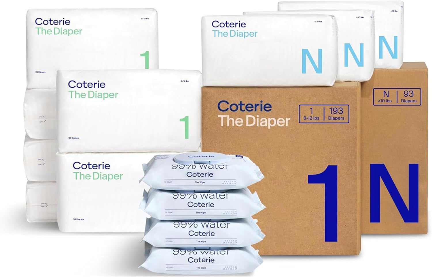 Coterie Baby Wipes + Diapers Kit, Size NB & Size 1 Diapers, 4-Pack Wipes