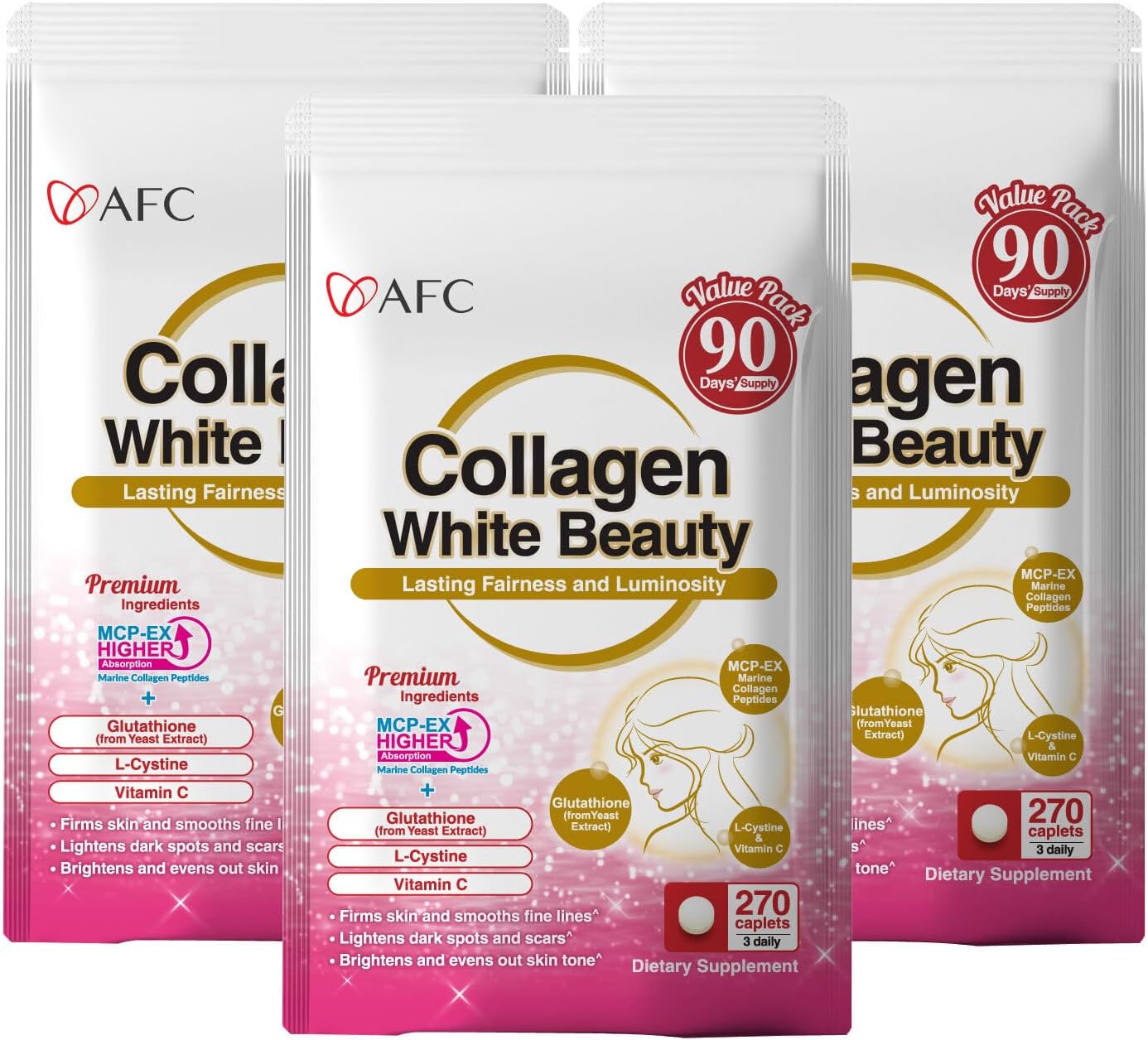 AFC Japan Collagen White Beauty with Marine Collagen Peptide, Glutathione, L-Cystine - 1.5X Better Absorption Than Other Collagen – Supports Skin Firmness & Radiance x3 Packs – 270 Days Supply