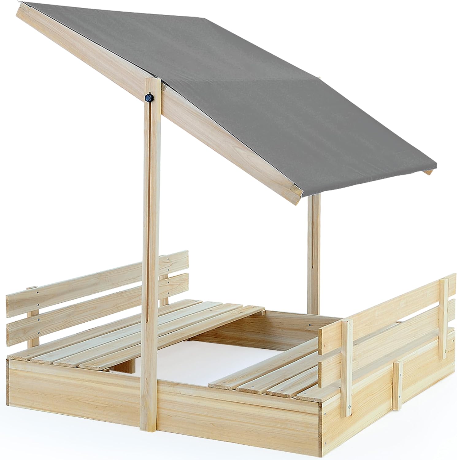 Spielwerk® Toni Sandpit | 120x120cm | UV 50+ Adjustable Canopy | Foldable Wooden Benches | Corner Protection | Ground Liner | Weather-Resistant | Outdoor Sandbox for Kids