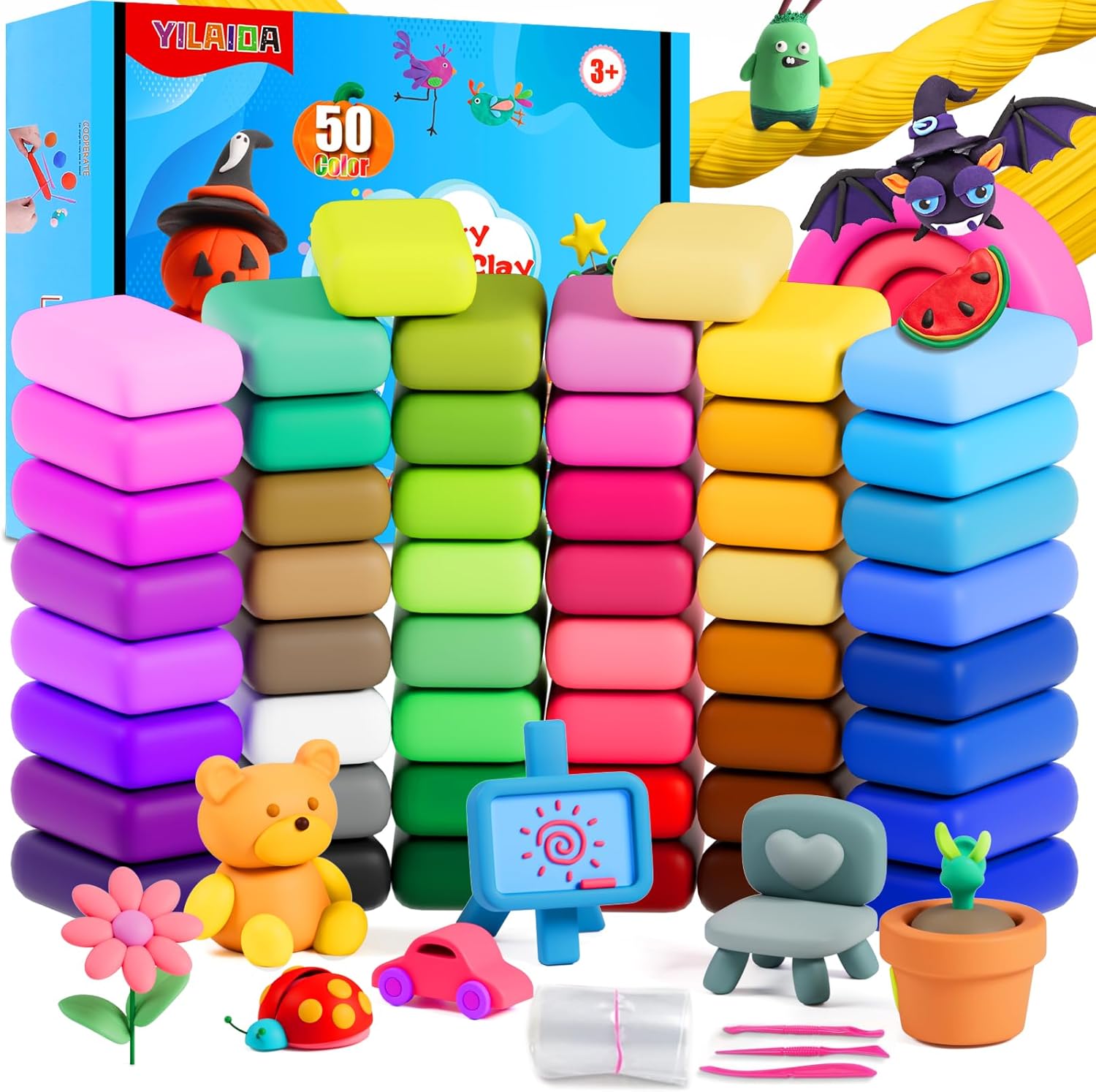 YILAIDA Air Dry Clay, 50 Colors Modeling Clay Ultra Light Non-Toxic Magic Air Drying Clay with Modeling Tools, Accessories and Booklet Art Craft Gift to Kids and Beginner