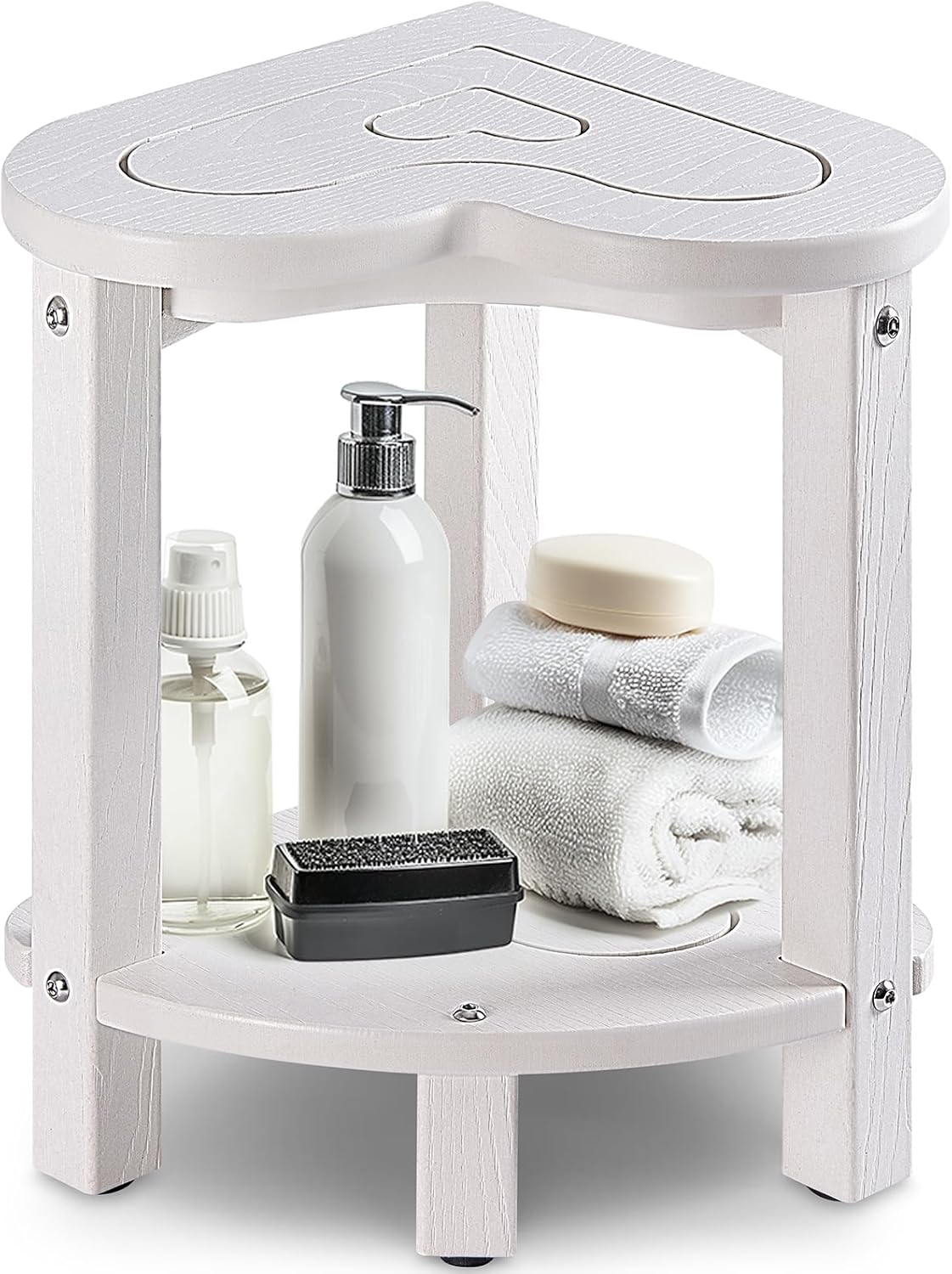 Corner Shower Stool for Inside Shower - Waterproof Corner Shower Bench, HDPE Plastic Bathroom Bench, Adjustable Height Corner Chair for Shaving Legs,Storage Shelf,Non-Slip Feet，White