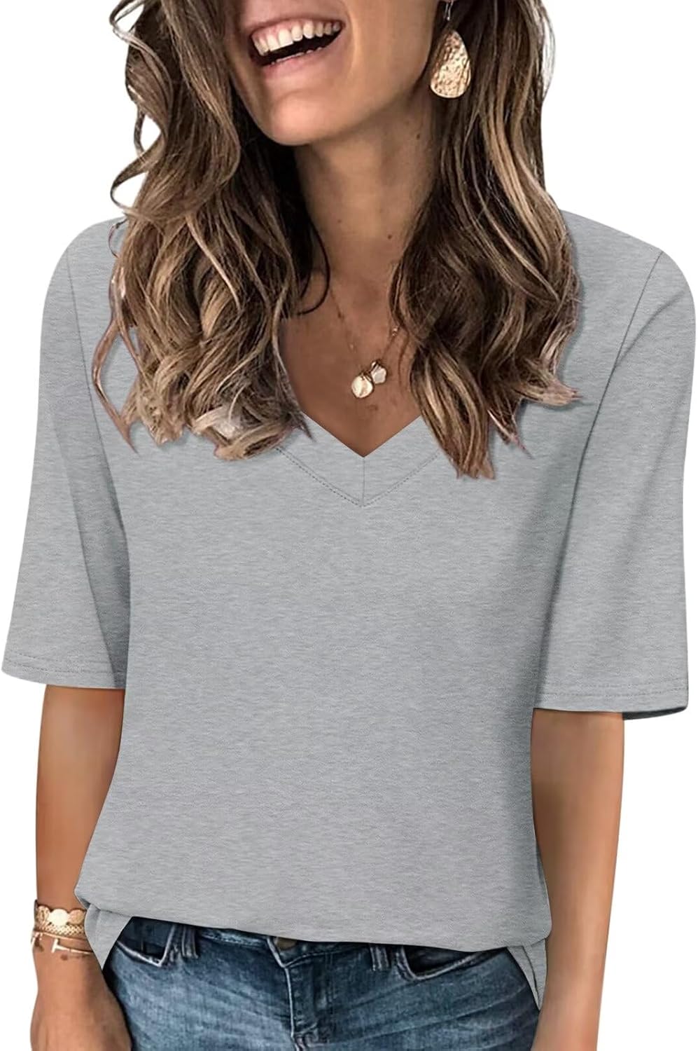 Minetom Women's V Neck T Shirts Casual Half Sleeve Tops Basic Summer Tees