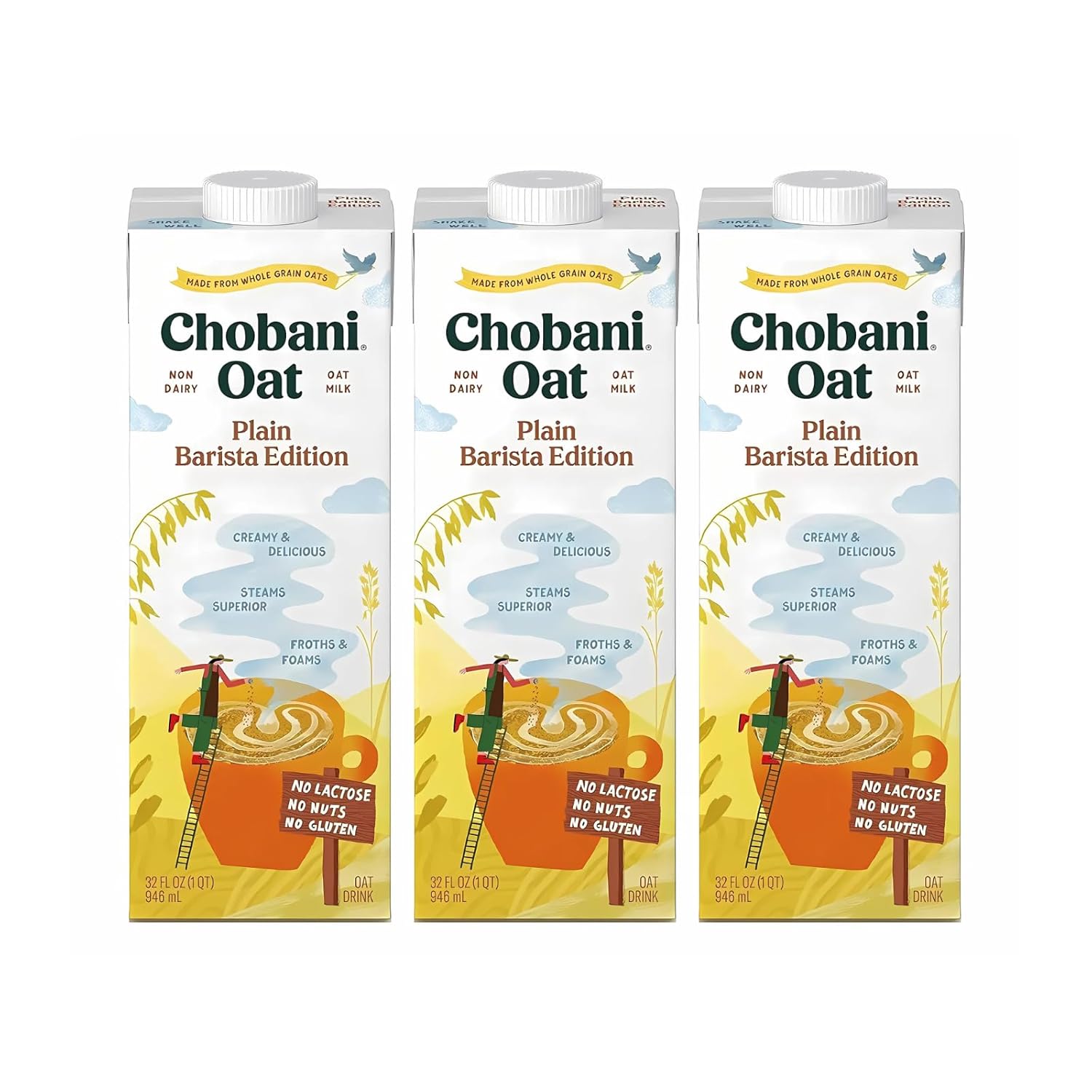 Chobani Oat Milk, Plain Oat Barista Edition, Shelf Stable Non Dairy Milk, Creamer, Vegan Friendly, Gluten-Free, 32 FL OZ (Pack-3)