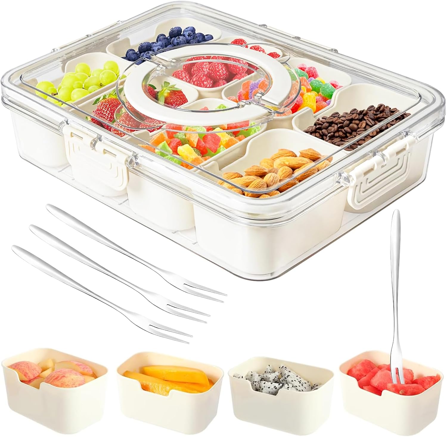 Snackle Box Container,Portable Snack Box 8 Compartment Divided Serving Tray with Lid and Handle,Clear Storage Organizer for Fruit Candy Nuts Veggie-Perfect for Road Travel Party(1 Pack)