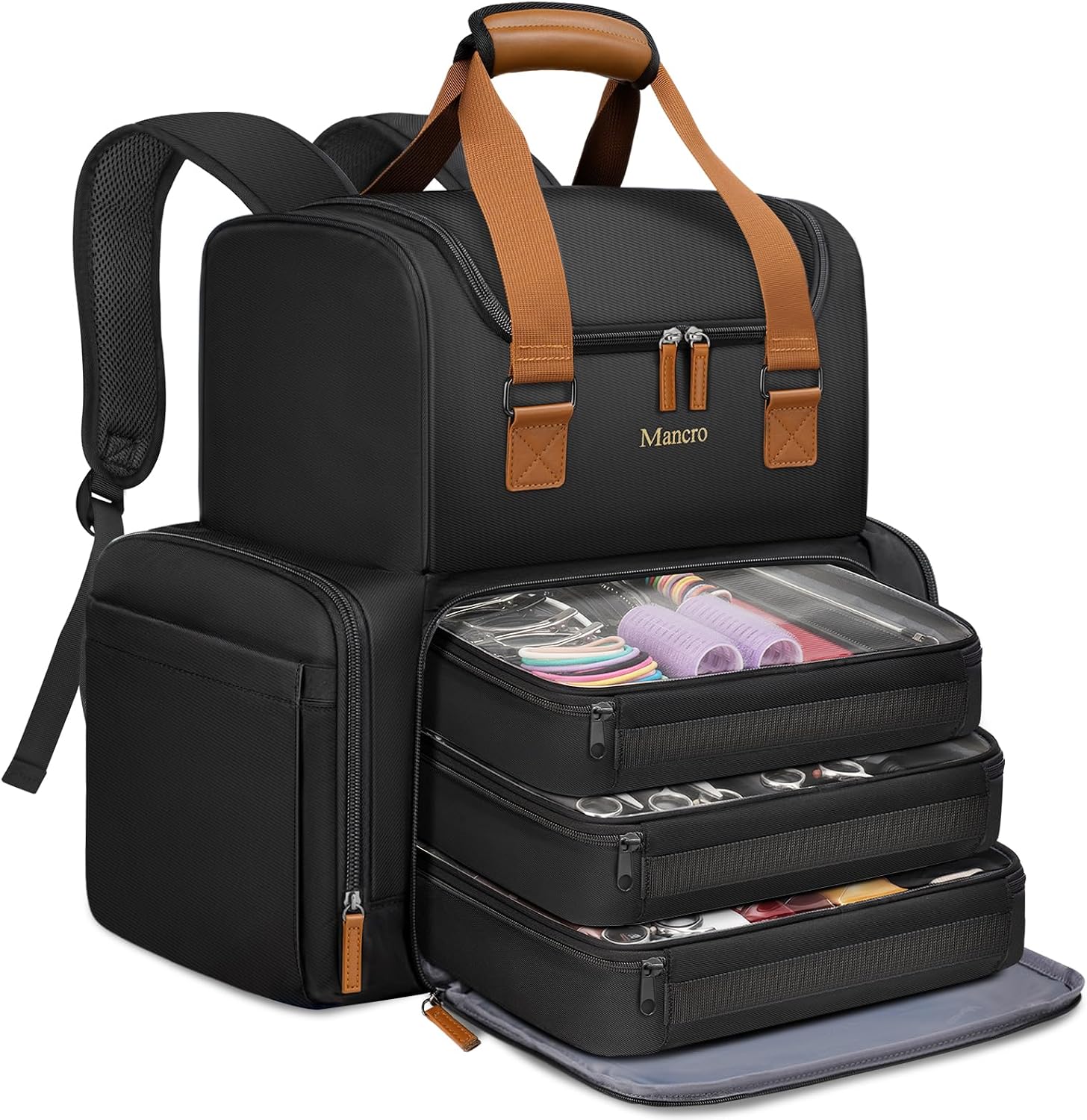 Mancro 2-Layer Hairstylist Travel Bag with 3 Separate Pouches, Black
