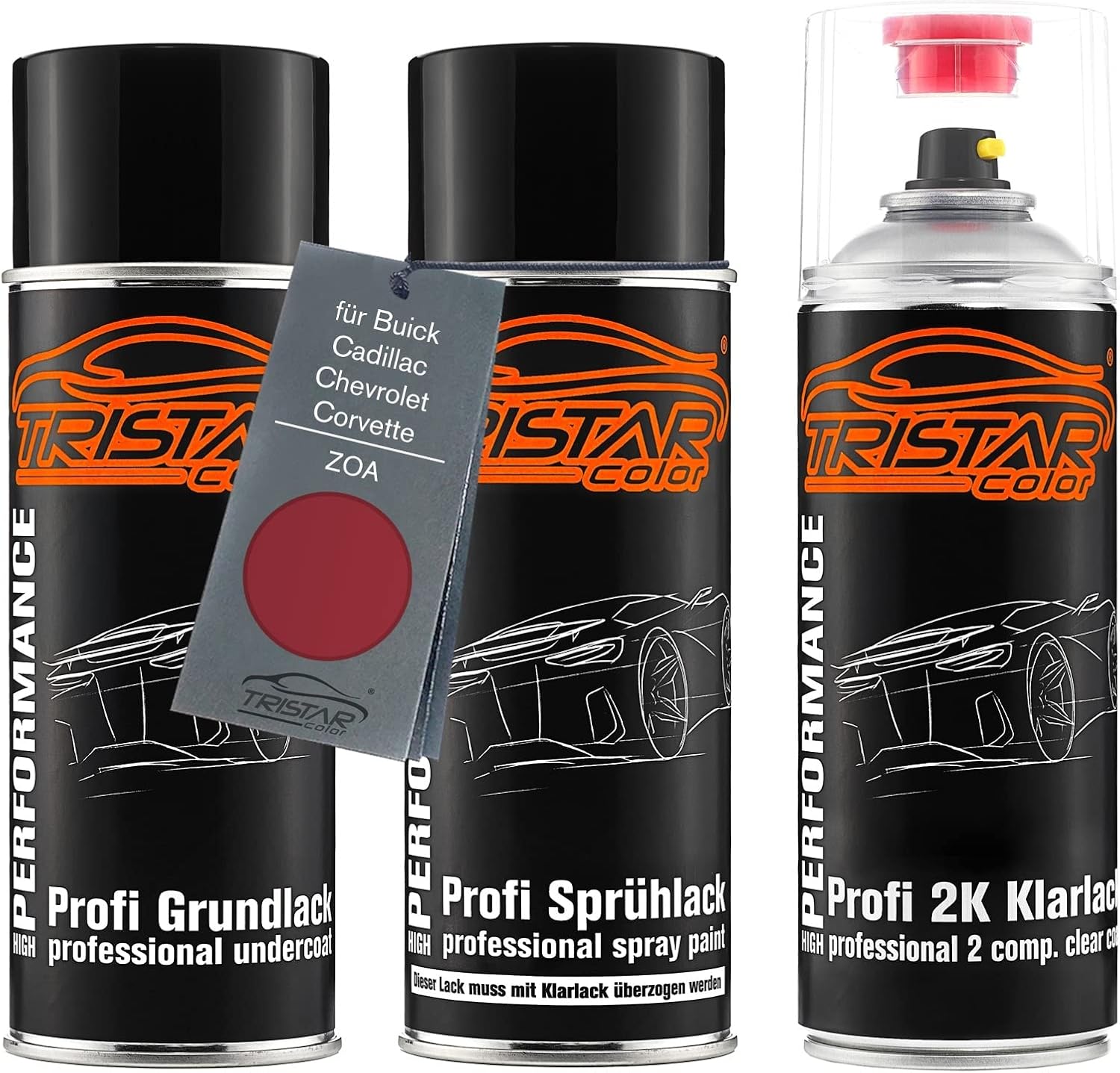 TRISTARcolor Car paint 2K spray can set for Buick/Cadillac/Chevrolet/Corvette ZOA Sunset Red Metallic under + base coat 2K clear coat