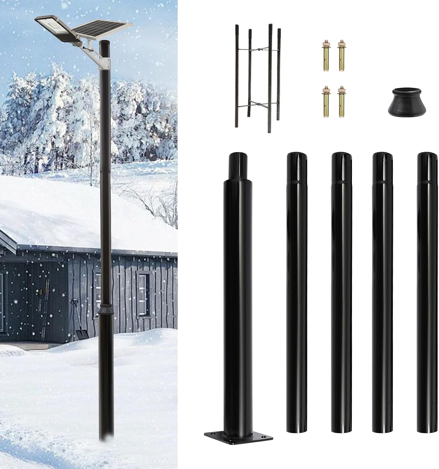 Outdoor Street Light Pole - 16.4ft Tall Heavy-Duty Metal Split Street Lamp Post with Mounting Ground Cage for Parking Lot, Backyard, and Courtyard Lighting